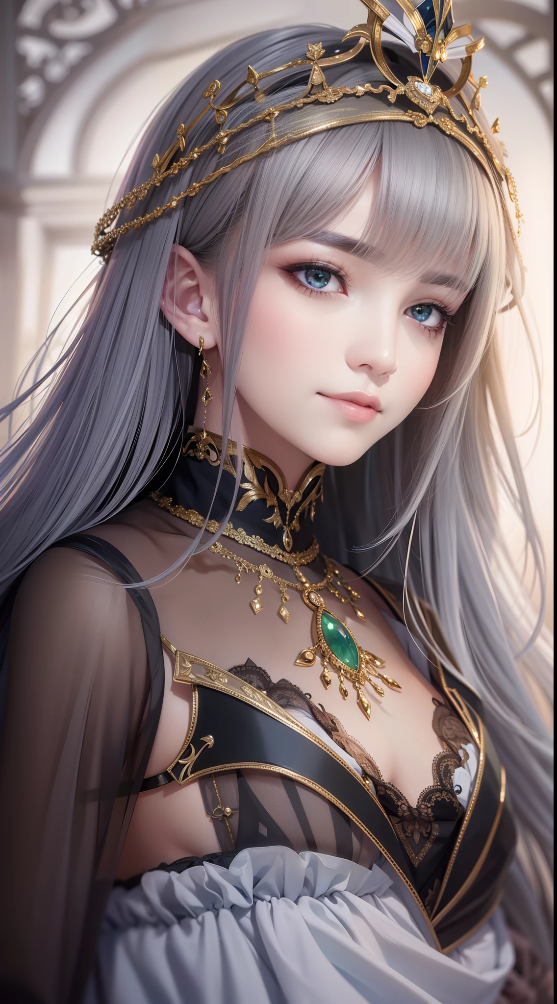 (Masterpiece) 8K resolution, Immortal Queen, Beautiful boy blooms, Green long hair, browneyes, Gray-gray eyes, Smile, Fantasy style,