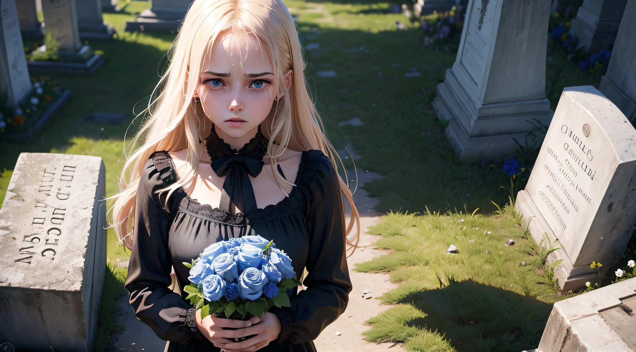 un fille, russe, long cheveux blond, yeux bleu magnifique, Crying and sad in a cemetery holding a bouquet of black roses, ultra realist