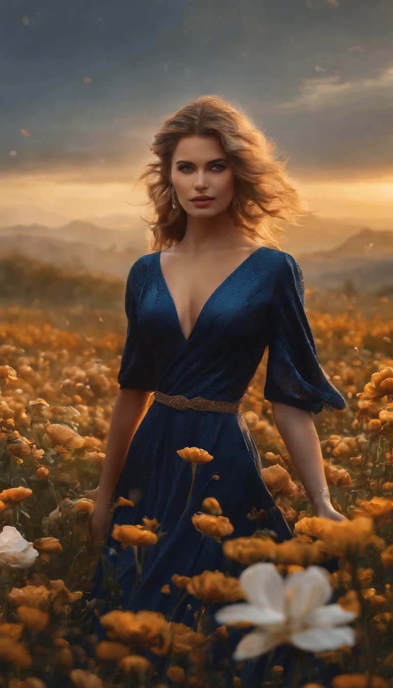 There is a woman standing in a flower field in the rain, a goddess in a field of flowers, karol bak uhd, Girl in flowers, Flower storm portrait, Girl front in the flower field, Beautiful Ultra HD 4K art, girl in a flower field, in a field of flowers, woman in flowers, Highly Detailed 4K Digital Art