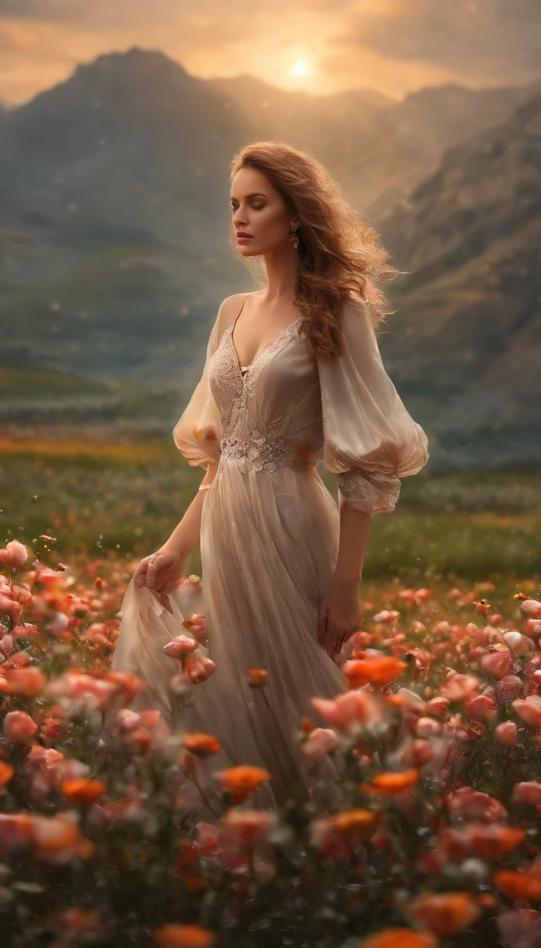 There is a woman standing in a flower field in the rain, a goddess in a field of flowers, karol bak uhd, Girl in flowers, Flower storm portrait, Girl front in the flower field, Beautiful Ultra HD 4K art, girl in a flower field, in a field of flowers, woman in flowers, Highly Detailed 4K Digital Art