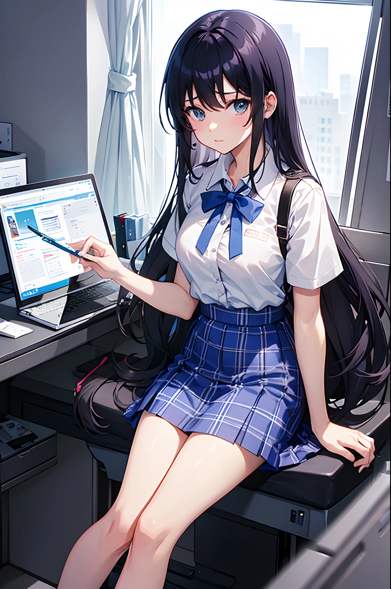 woman, female student, freshman, feminine, white shirt top, roll sleeves, half arms, wearing slightly bright blue gingham pencil skirt, skirt covering the knees, pencil skirt in office, office skirt, long gingham office skirt, wearing slightly light blue bow, neck bow, id, sling for id, id holder, lanyard, wearing school id, school id, school, anime, modern anime