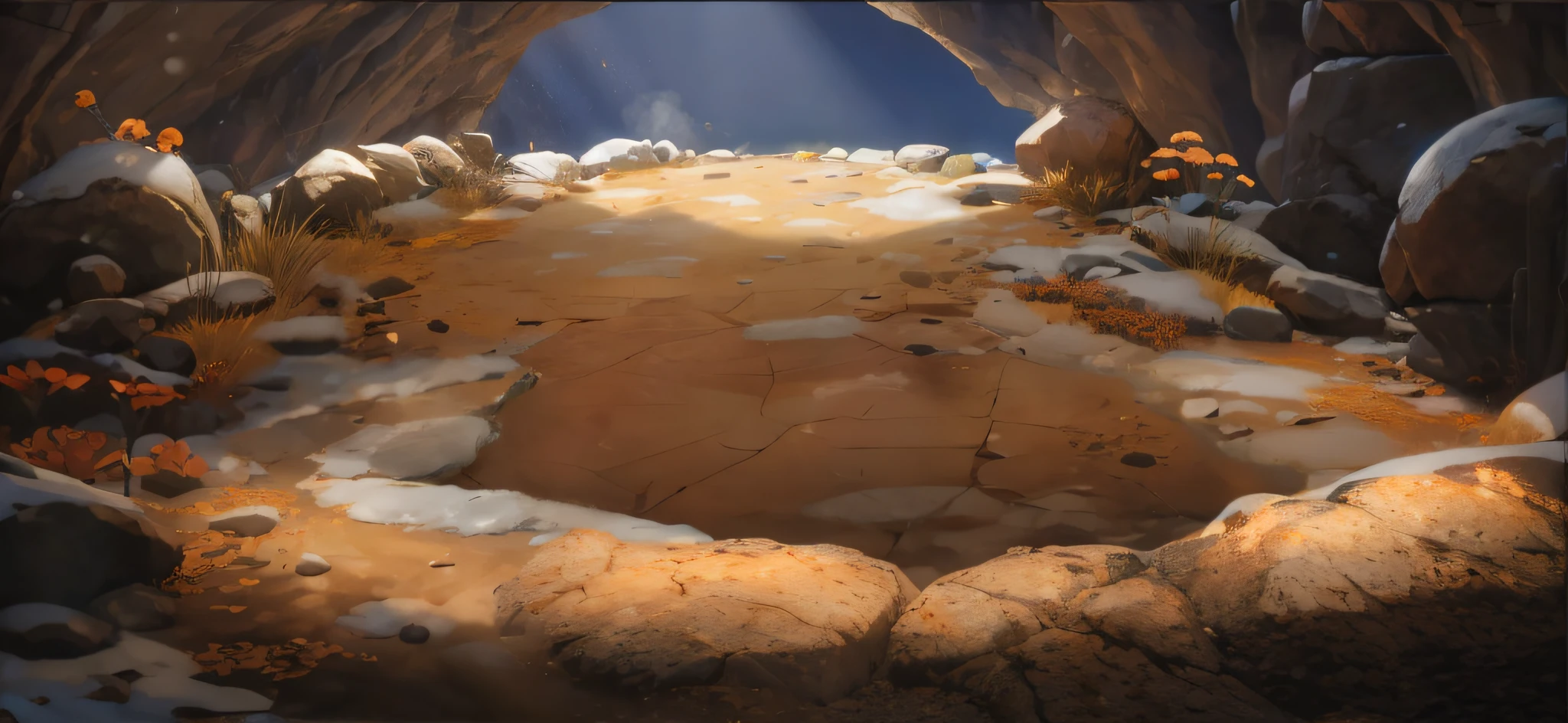 Rock texture，flagstone road，warm lights，speleothems，The texture is clear，fanciful，Natural sunlight from the magic sphere，Ray traching，diffuselighting，vivd colour，Rochas（The is very detailed，finely detailled，iintricate），8K分辨率，