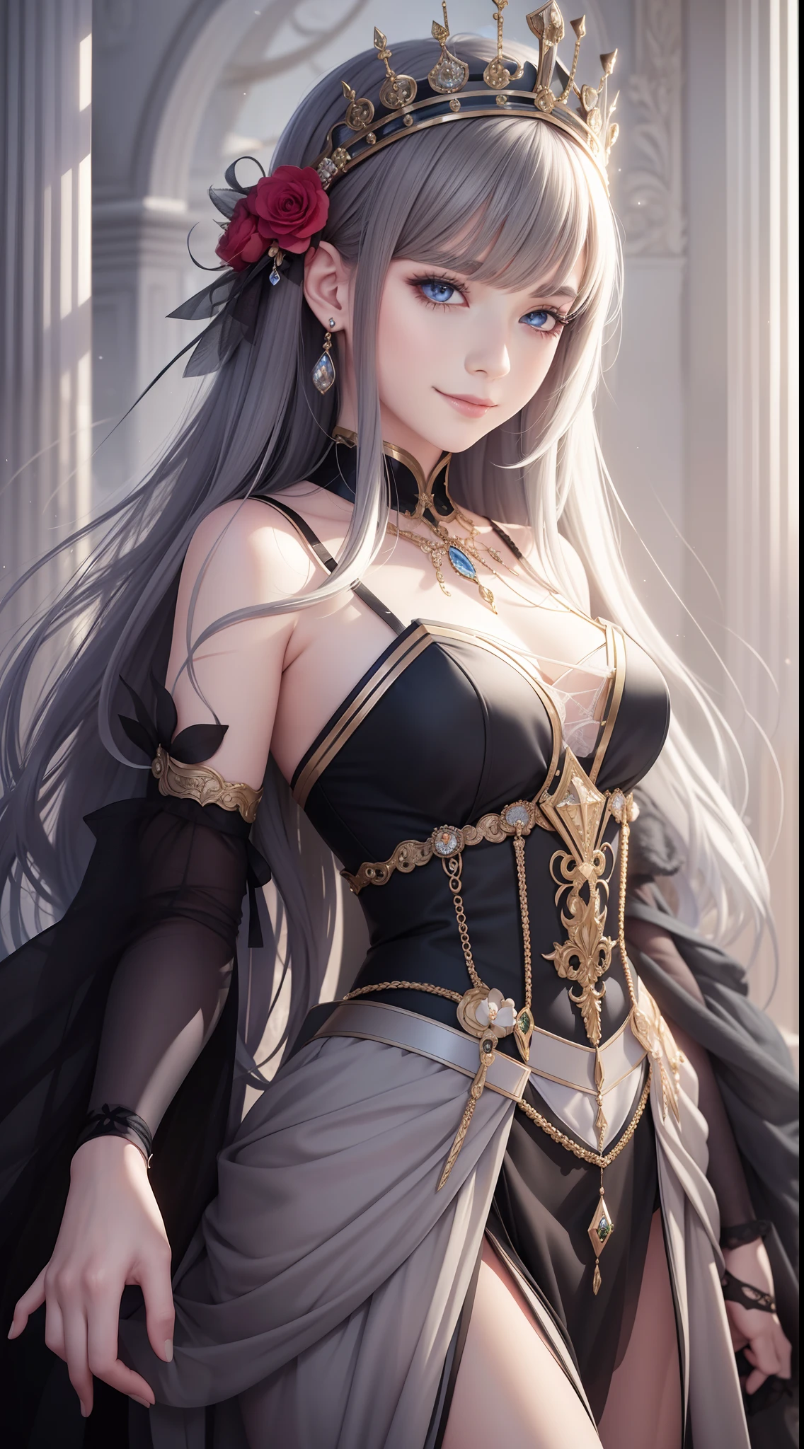 (Masterpiece) 8K resolution, Immortal Queen, Beautiful boy blooms, Green long hair, browneyes, Gray-gray eyes, Smile, Fantasy style,