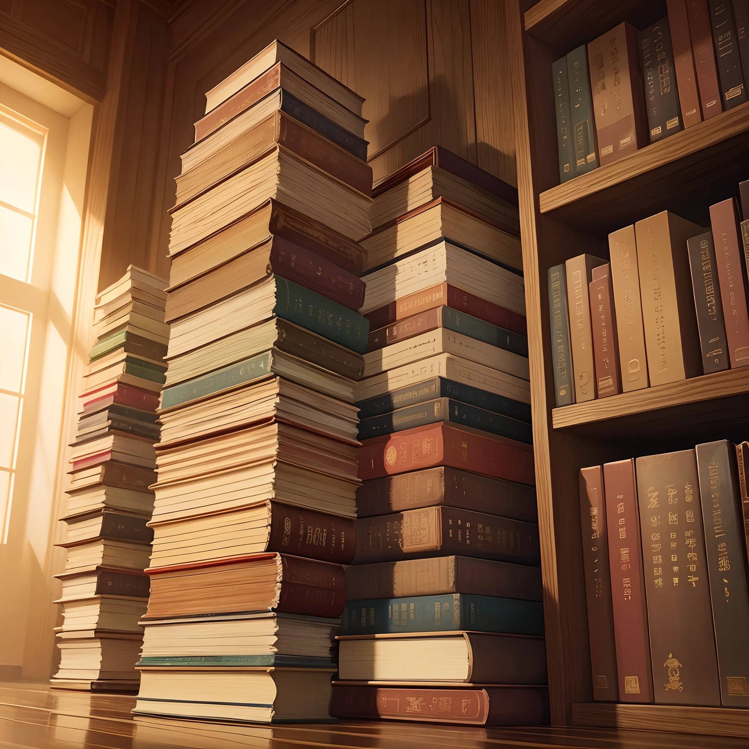 Image of 50 books stacked high、Don't display titles so they can't be read、The title of the book at the top is "THE Contents"