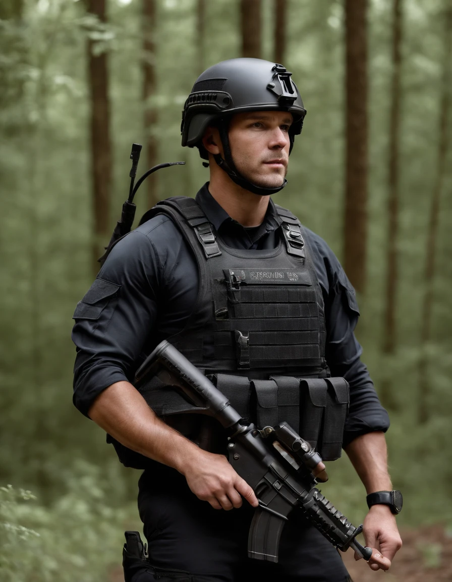 full body, A Navy SEAL. Clad in a sleek black tactical uniform and donning combat gear. Wears a tactical vest adorned with ammunition and equipment pouches. He embodies the qualities of a highly trained and skilled warrior