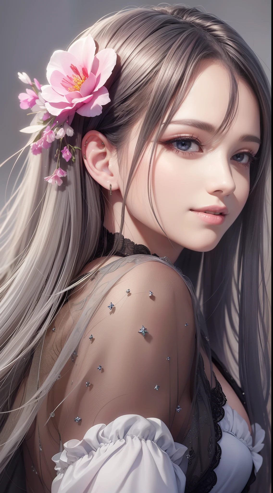 (Masterpiece) 8K resolution, Immortal Queen, Beautiful boy blooms, Green long hair, browneyes, Gray-gray eyes, Smile, Fantasy style,