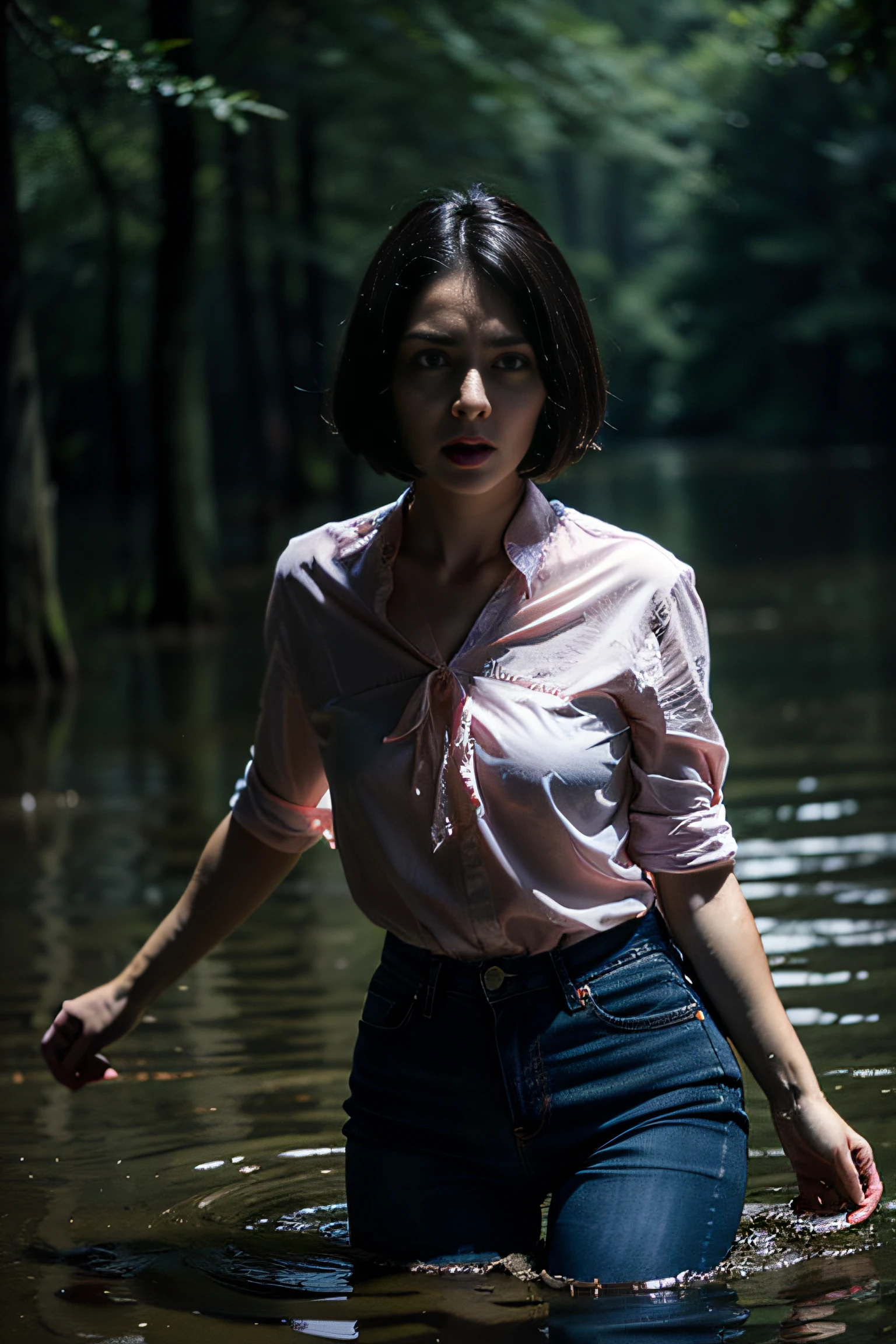 "(Best Quality,hight resolution:1.2),The woman,Expressive wrinkles,Bob haircut,Jeans,blouse,woods,(drowning in a swamp:1.3),dread,Detailed eyes and face,elongated,expression of despair,Dark and moody lighting,Wrestling Hands,ominous vibe,Death Trap, death,masochism,Sexual tension,Psychological thriller"