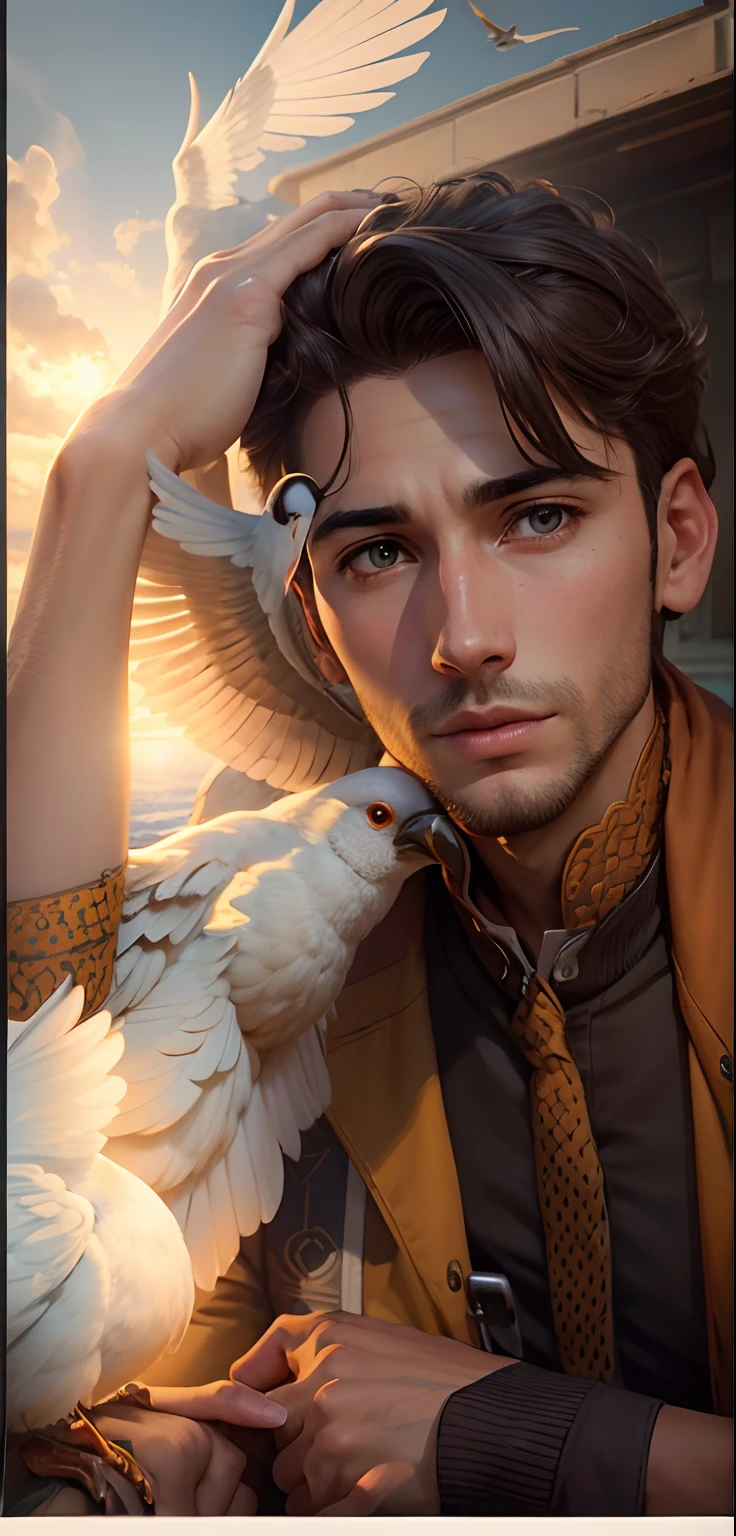 Handsome boy high resolution realistic background beautiful sky sun birds