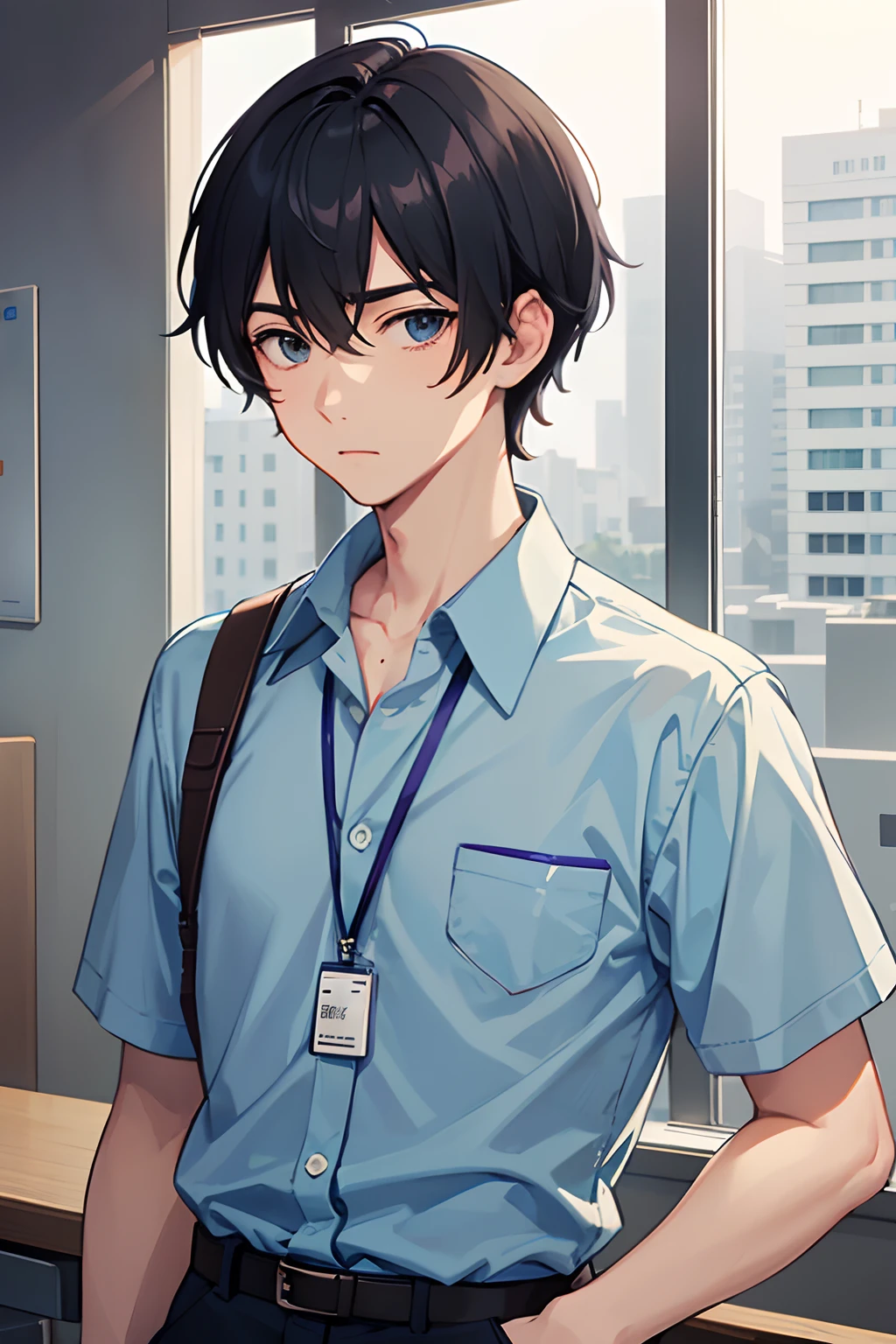 Man, male, male student, very mature boy, Otoko, masculine face, manly face, male, face, wearing light blue shirt, hawaiian shirt, blue shirt with buttons, pokects, tucked out shirt, tucked out, blue top, wearing slux, black slux, black bottom, id, wearing ID sling, id holder, royal blue lanyard, partial body picture, half capture, school, high school, first day of school, school background, office room, anime, moderm anime,