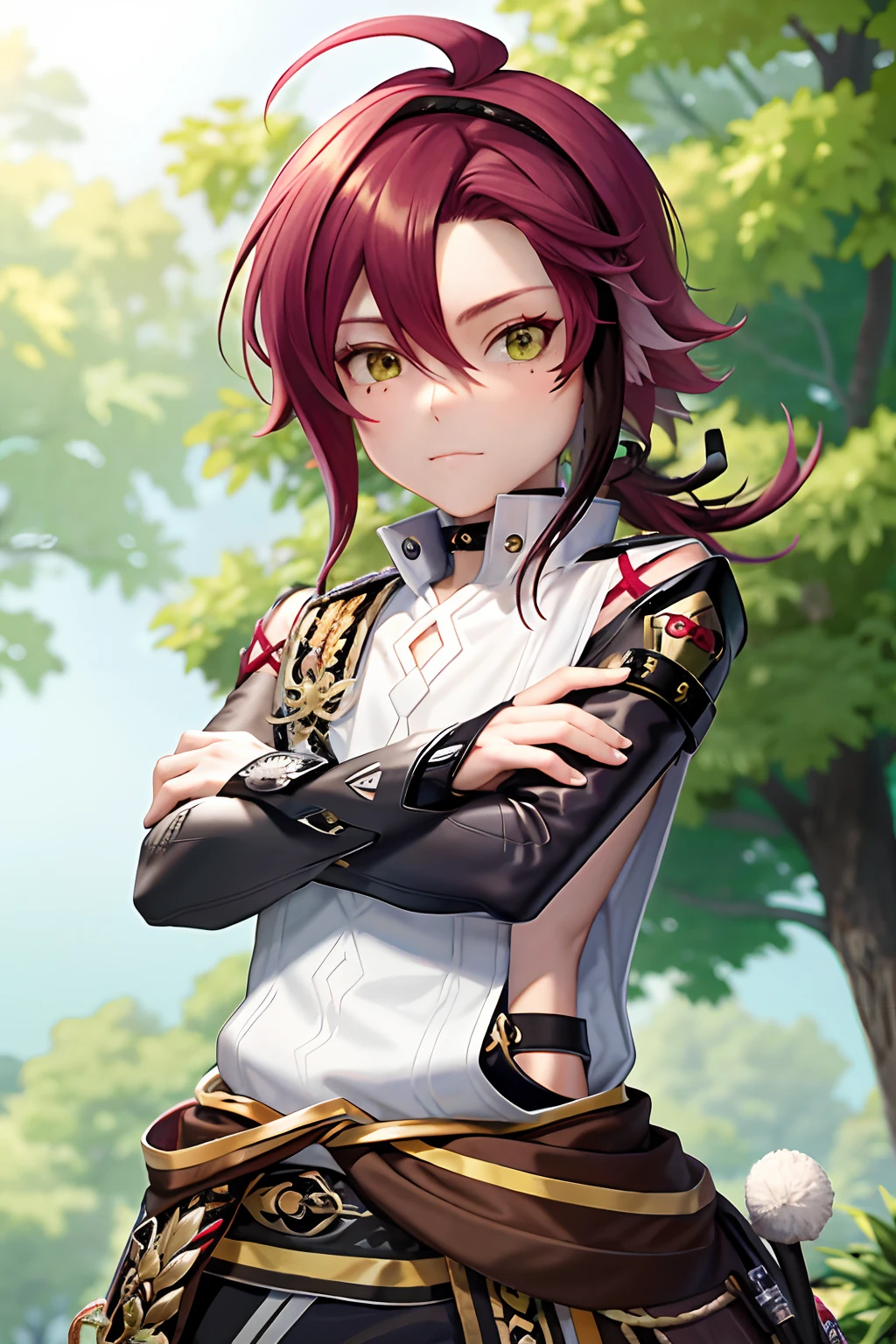 masterpiece, best quality,Shikanoin Heizou (genshin impact), 1boy, male focus, kurokote, green eyes, kote, multicolored hair, mole under eye, red hair, solo, mole, black choker, japanese armor, looking at viewer, choker, armor, streaked hair, aiguillette, sleeveless, ahoge, long hair, low ponytail,(kbxll:0.6)