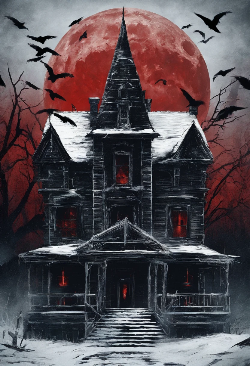 Icy peaks，red ilumination,Skull eyes glow all over the dilapidated house, Surrounded by crows，themoon，The evil witch flew through the air，tmasterpiece, highest  quality.
