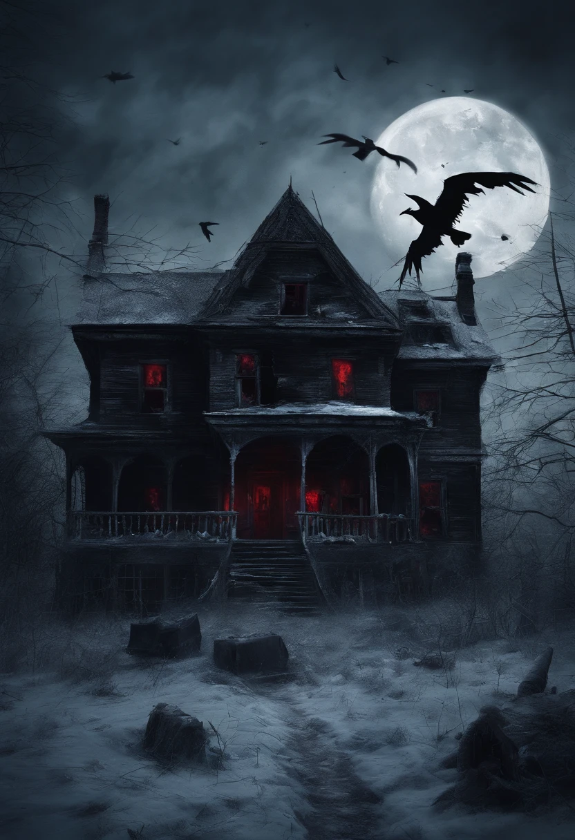 Icy peaks，red ilumination,Skull eyes glow all over the dilapidated house, Surrounded by crows，themoon，The evil witch flew through the air，tmasterpiece, highest  quality.