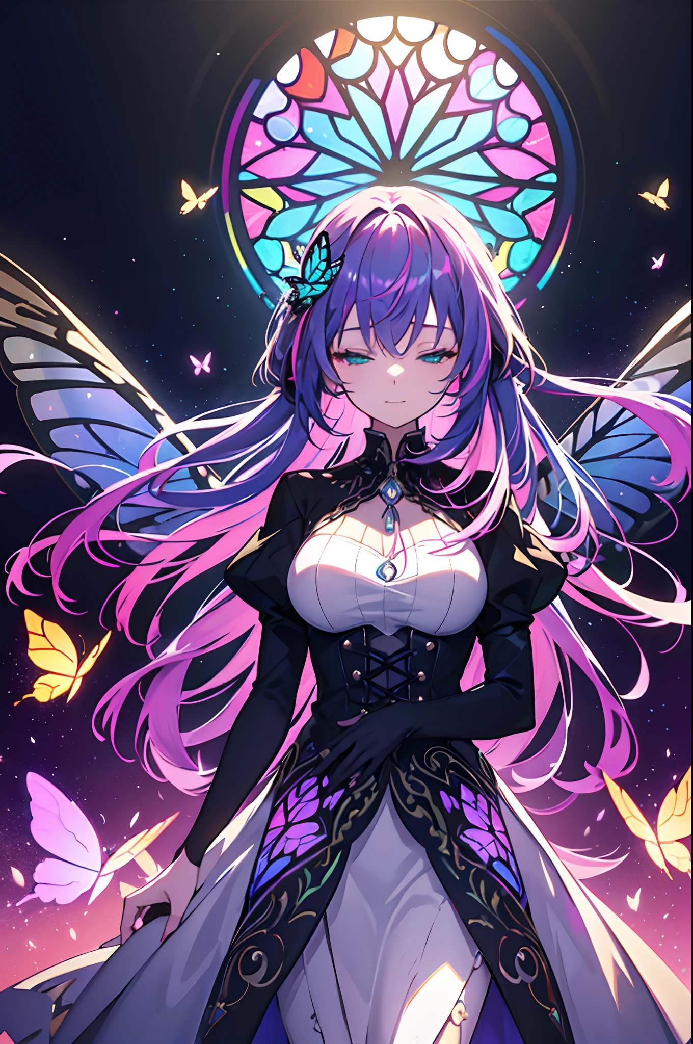 1girl, masterpiece, extremly detailed, ((Cinematic lighting)), (glowing), ((dramatic lighting)), ((beautiful detailed glow)), intricate detail, lens flare, violet hair, multicolored hair, long hair, sweet dress, butterfly hair ornament, butterflies, (light particles), Arms behind back, medium breasts, [curvy], cowboy shot, light smile, green eyes, closed eyes, church, stained glass, spotlight, dark background, floating hair, floating hair, looking at viewer,((colorful)), saturated colours