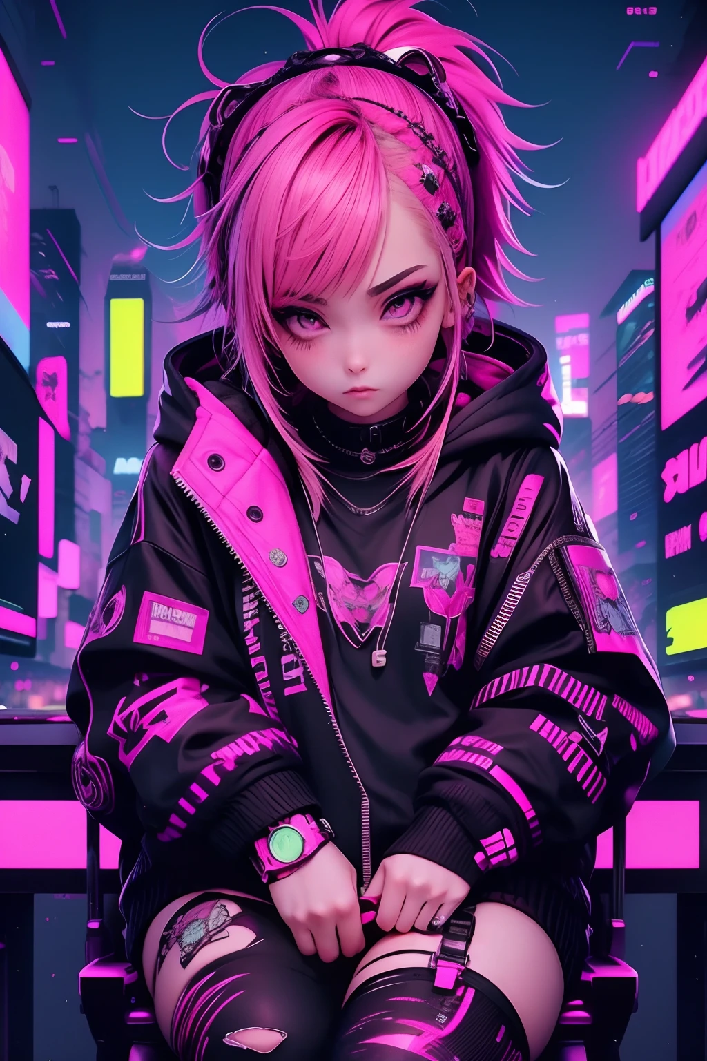 anime girl with pink hair sitting on a chair in a neon city, cyberpunk anime girl in hoodie, cyberpunk anime girl, anime style 4 k, anime cyberpunk art, best anime 4k konachan wallpaper, digital cyberpunk anime art, female cyberpunk anime girl, digital cyberpunk - anime art, cyberpunk anime art, anime cyberpunk, cyberpunk streetwear, cyberpunk art style