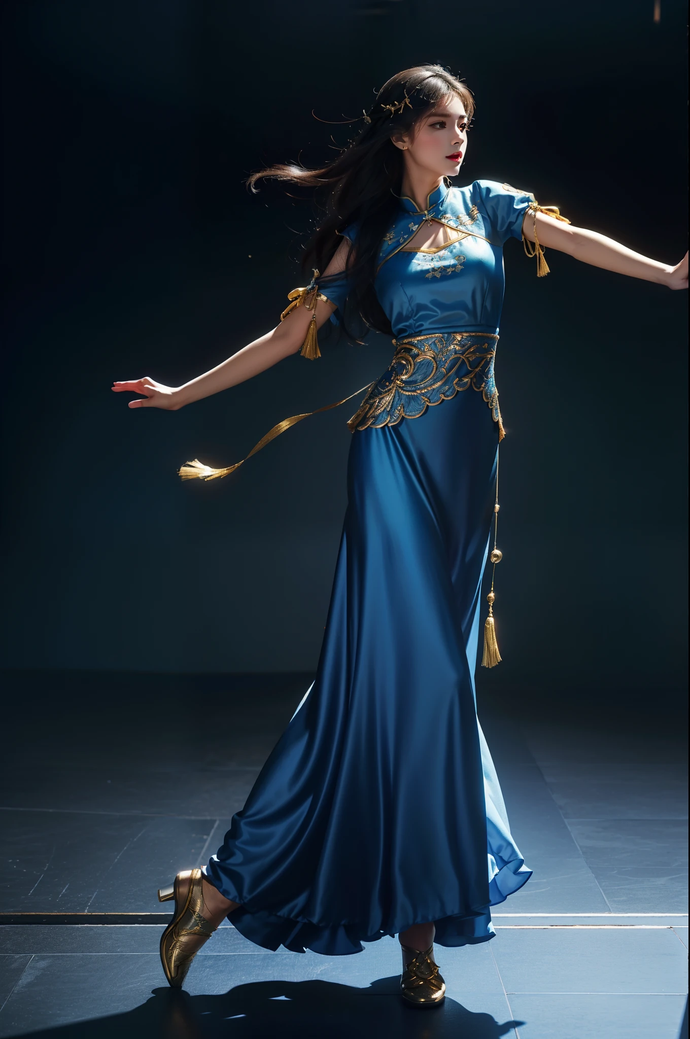 Women's dance、((top-quality))、((tmasterpiece))、(The is very detailed、highestdetailed、offcial art、aestheticly pleasing:1.2)、Gold trim on blue dress、Less exposure、At your fingertips
