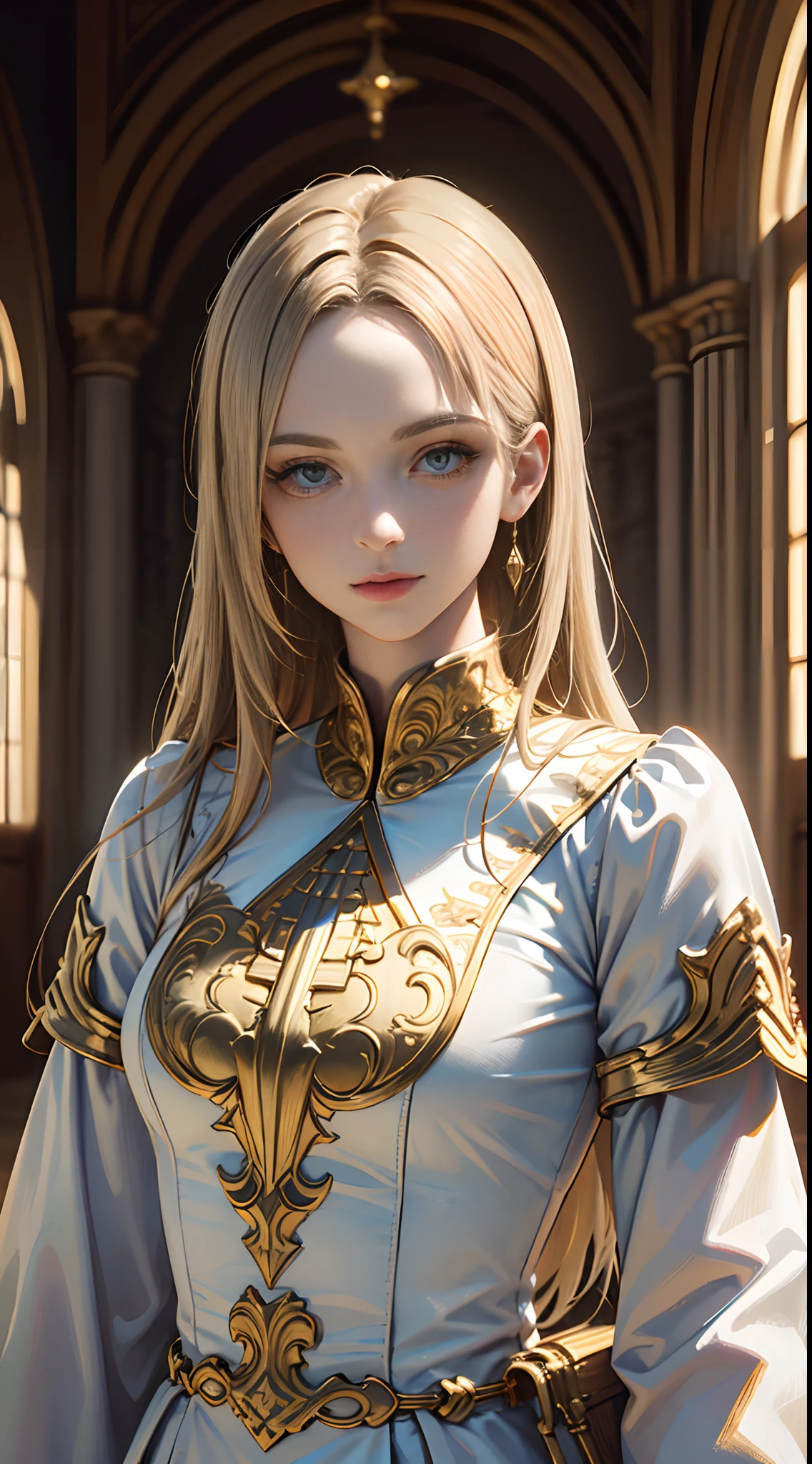 (masterpiece, Highest quality, Upper Body:1.4), One girl, (close:1.1), Sublime Wall, hall in castle, blue eyes, 8k, RAWphotograph, Absurd, Fractalized, perspective, Depth of written boundary, High resolution, Sharp focus, High resolution, photograph, Realistic, Best details, Extremely detailed, Super detailed, Fine details, Ivory Gold