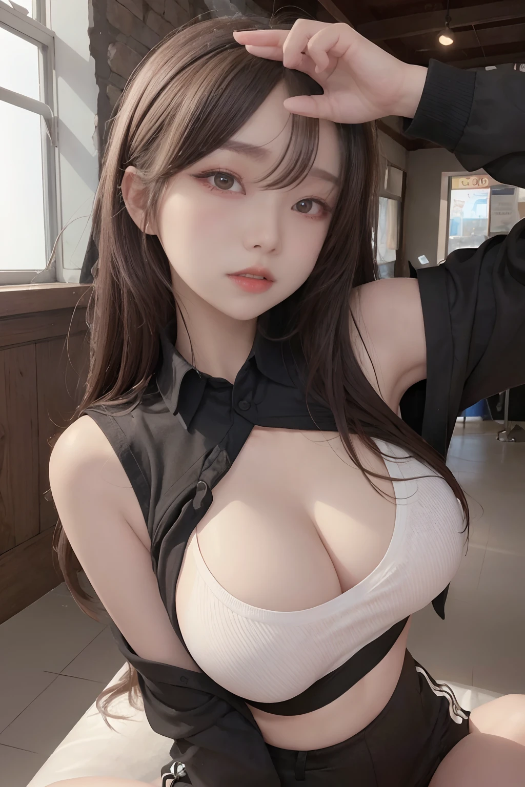 Top image quality、Raw photography、超A high resolution、An 18-year-old woman、Shooting for one person only、modelshoot、big round chest、cleavage of the breast、tshirts、Wearing a black skirt、Beautiful Eyes of Details、very elongated eyes、Beautiful eyelashes、Beautiful double eyelids、Black walls、very slender legs、Shorthair with light brown hair、very slender physique