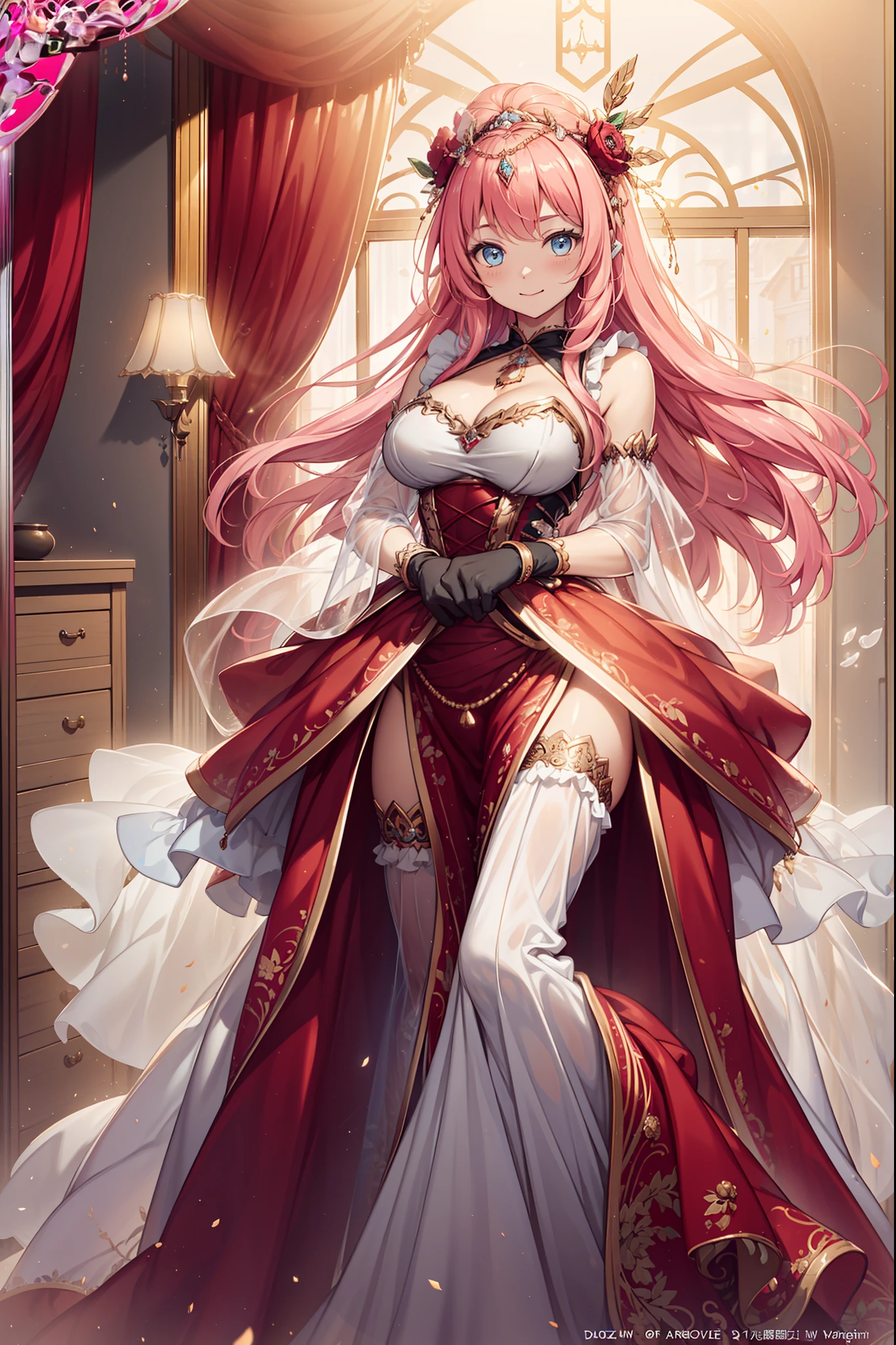 (best quality, high resolution, Textured Skin, high quality, High Detail,Extremely detailed CG unification),aldult，charm，Divine happiness，in love，(Beautifully designed wedding dress:1.2)，Pink Hair，blue eyes，(Fabric headdress minimalism，Multi-layer delicate ruffles，lots of lace，Multi-color cloth，Beautifully embroidered，Beautiful pattern，Fabric headdress，Exquisite clothing，See through transparent clothes，bedroom，night，(Dazzle:1.2)，Light，The only one，The skirt flutters，
