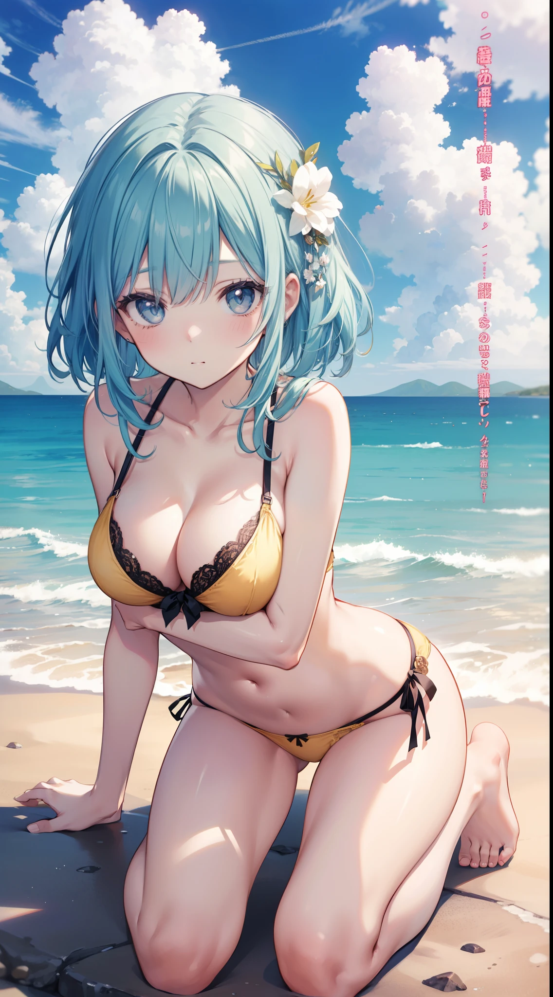 masutepiece、hight resolution、1girl in、in one's underwear only、Yellow lingerie、large full breasts、bending forward、Poses that emphasize breasts、Cute anime illustration、