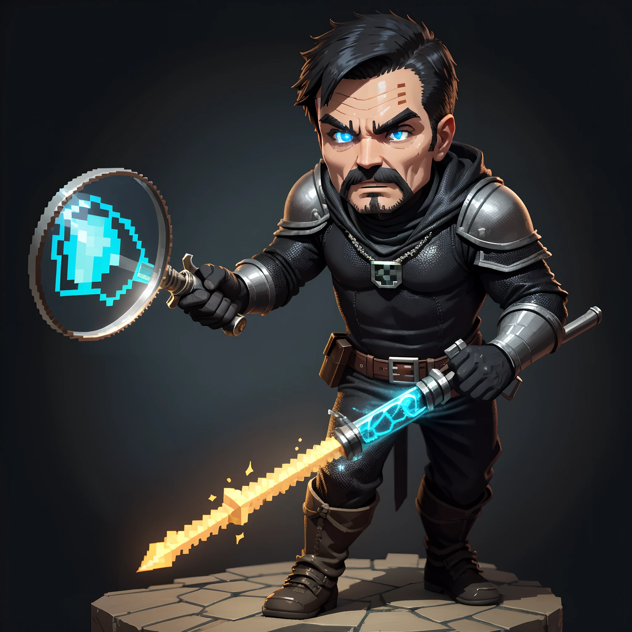 Steve, - Minecraft's intrepid adventurer, enfrenta uma caveira sinistra no pico de uma montanha. He is equipped with his shiny diamond armor, Holding your magnifying glass with magical powers. A caveira, com olhos flamejantes, attempts to conjure dark spells to defeat Steve. transparent background
