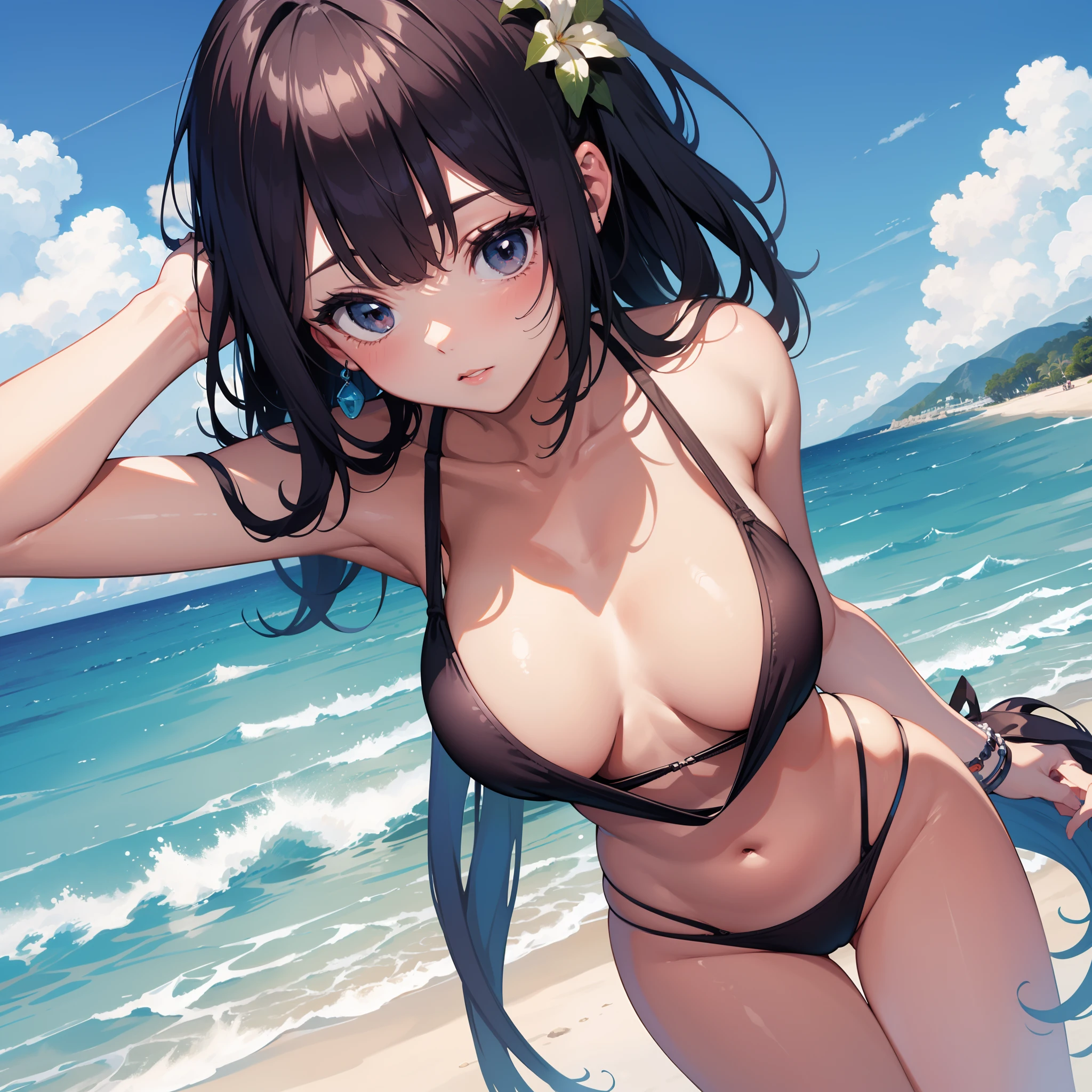 (masterpiece) High quality, ultra-detailed 16K fantasy beach illustration featuring (1girl) wearing a (swimsuit) with anatomically correct proportions and emphasis on (big boobs).