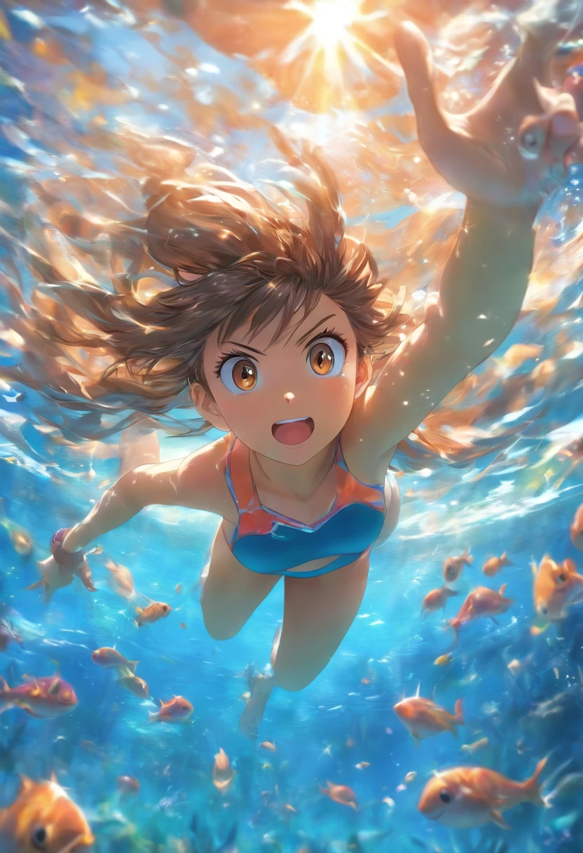 foreshortening,  profundidade de campo, master part, best quality, 1girl, brown hair, olhos castanhos,  cabelos longos, underwater, bolha de ar, sozinho, Olhando para o Viewer, school school swimsuit, swimming,  luz solar fraca,CG, Magic eyes