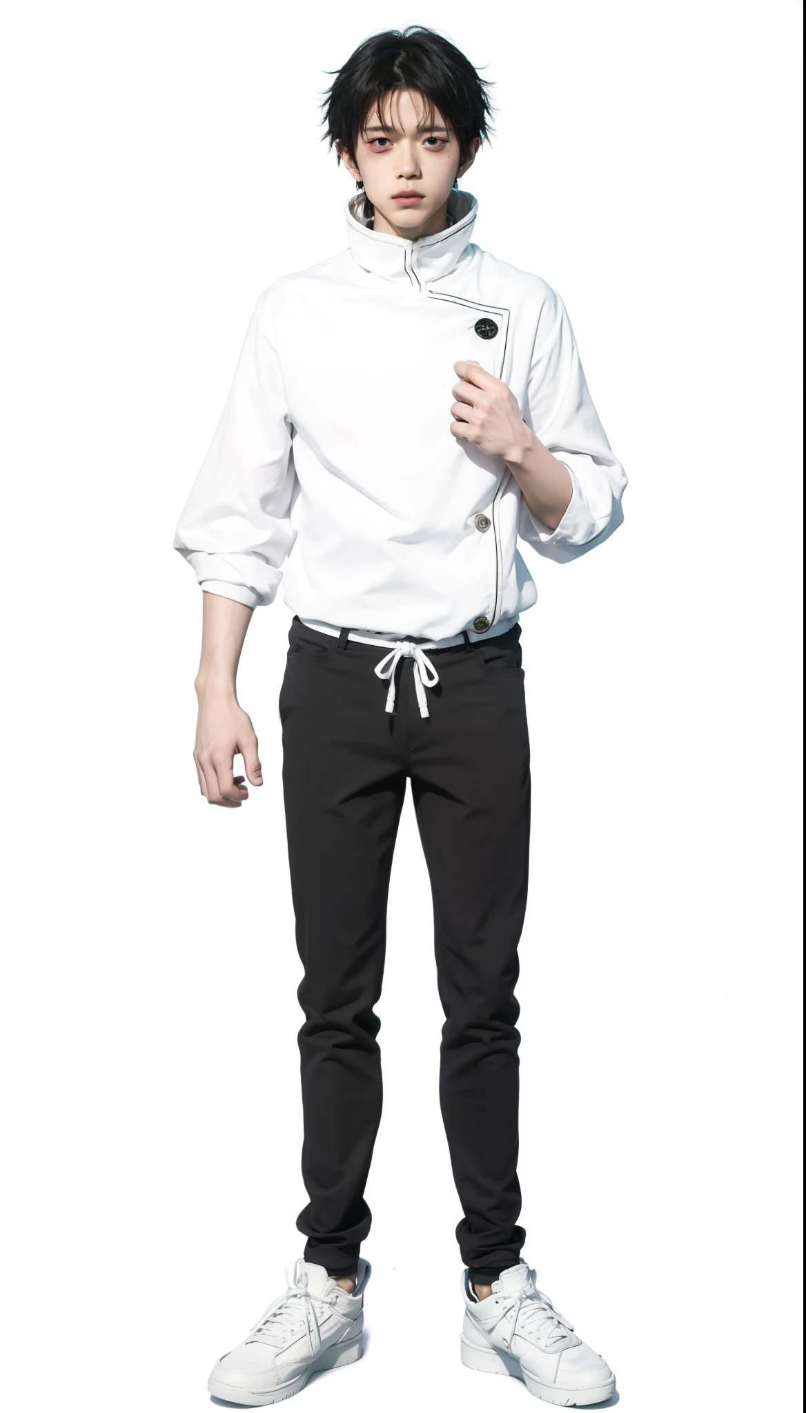 Real life adaption of this character,his name is Yuta from anime Jujutsu kaisen, handsome face,realistic hair,realistic white outfit,realistic light,realistic shadow,realistic background,(photorealistic:1.2)