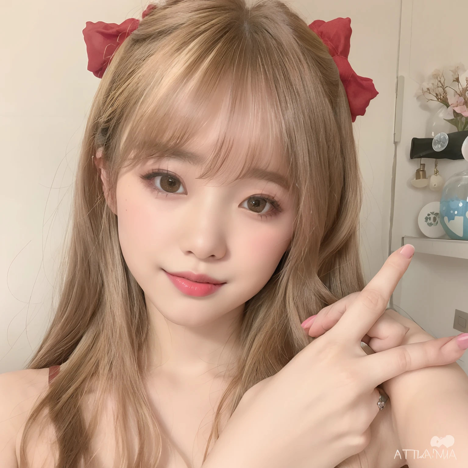  loira com cabelo rosa e batom vermelho fazendo um sinal de paz, Ulzzang, Lalisa Manobal, Shikami, Sakimichan, kawaii retrato realista, wan adorable korean face, 🌺 CGSetnation, 2263539546], 🤤 retrato da meninaa Delphine, Lalisa Manoban do Blackpink