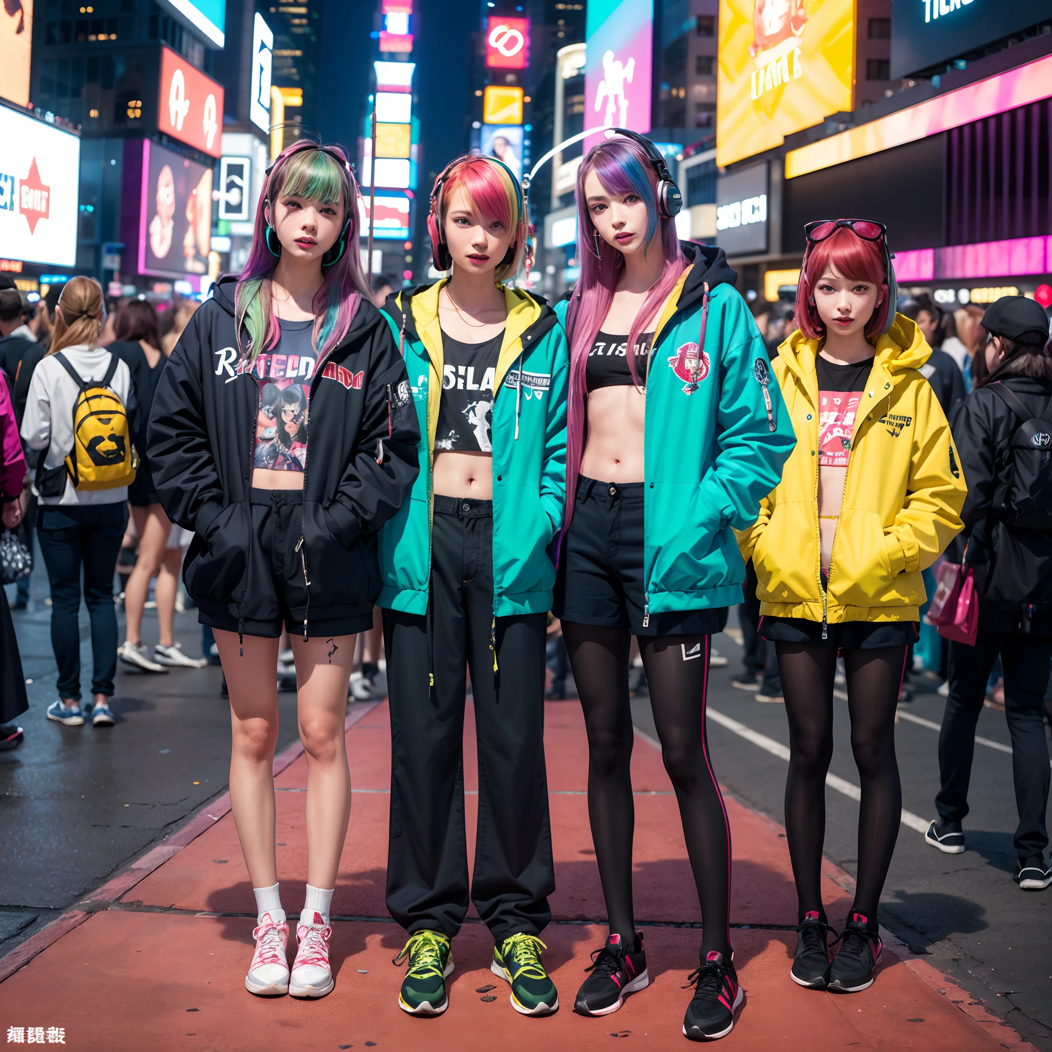 (in 8K、RAW Photos、top-quality、masterpiece:1.2)、(realisitic、Photorealsitic:1.37)、ultra-detailliert、超A high resolution、1girl、独奏、rainbow hair、parka、espadrilles、straight haired、headphones、Long、full bodyesbian、natta、neons、Times square、cyberpunked