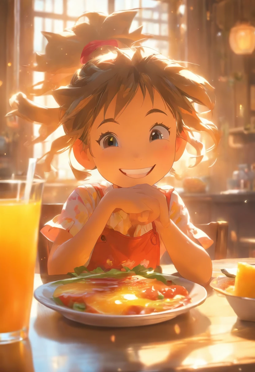 Western-style restaurant, A 5--old l sits at a dining table, ssmile, Juice on the table,Western breakfast on the plate, Sunlight outside the window.