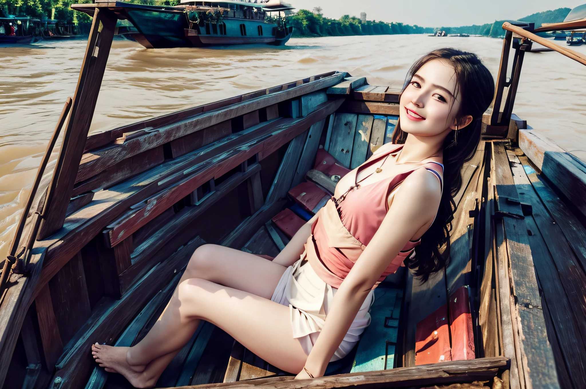 1girl, a stunning photo with beautiful saturation,ultra high res,(realistic:1.4)),deep shadow,(best quality, masterpiece), pale skin, dimly lit, shade, flustered, blush, highly detailed, ((full body:1.2)), skinny, BREAK depth of field, film grain, wrinkled skin, looking at viewer, knee, warm smile, river, chonoi, boat, crowd, vietnam countryside, on boat,
(masterpiece,best quality:1.5)