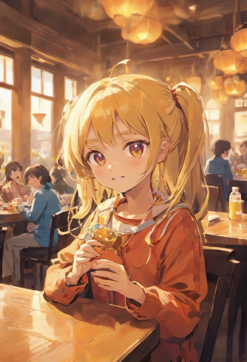 Western-style restaurant, A 5-year-old girl sits at a dining table, ssmile, Juice on the table,Western breakfast on the plate, Sunlight outside the window.