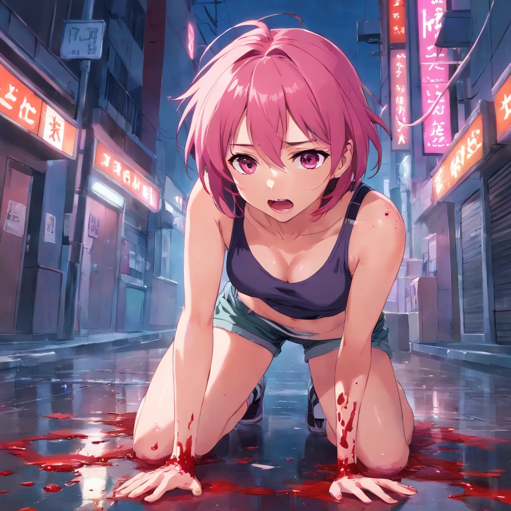 Pink-haired girl grabs her stomach, Looking at the camera in surprise, Blood oozes from under his hands, Kneeling, Blood comes from the mouth, Surprise and pain, is looking at the camera, Latex tank tops and shorts, Bullet wound to the abdomen, Blood gushed out of his mouth、There is a wound on his stomach, Girl Killer Dies in Her Knees, dreary atmosphere, cruelty, bloods, Snuff Video, Blood splatters from the mouth, Surprise and pain in the face