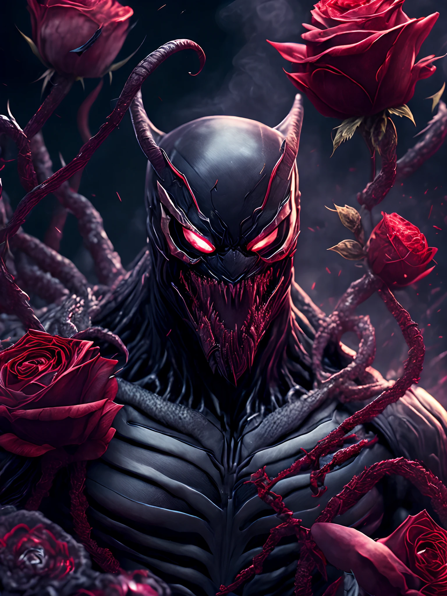 Close-up ( Venom from Marvel in Marvel style: 1.3) emerging from the beautiful roses field, extremely detailed, smoke, sparks, flower shavings, flying debris, volumetric light