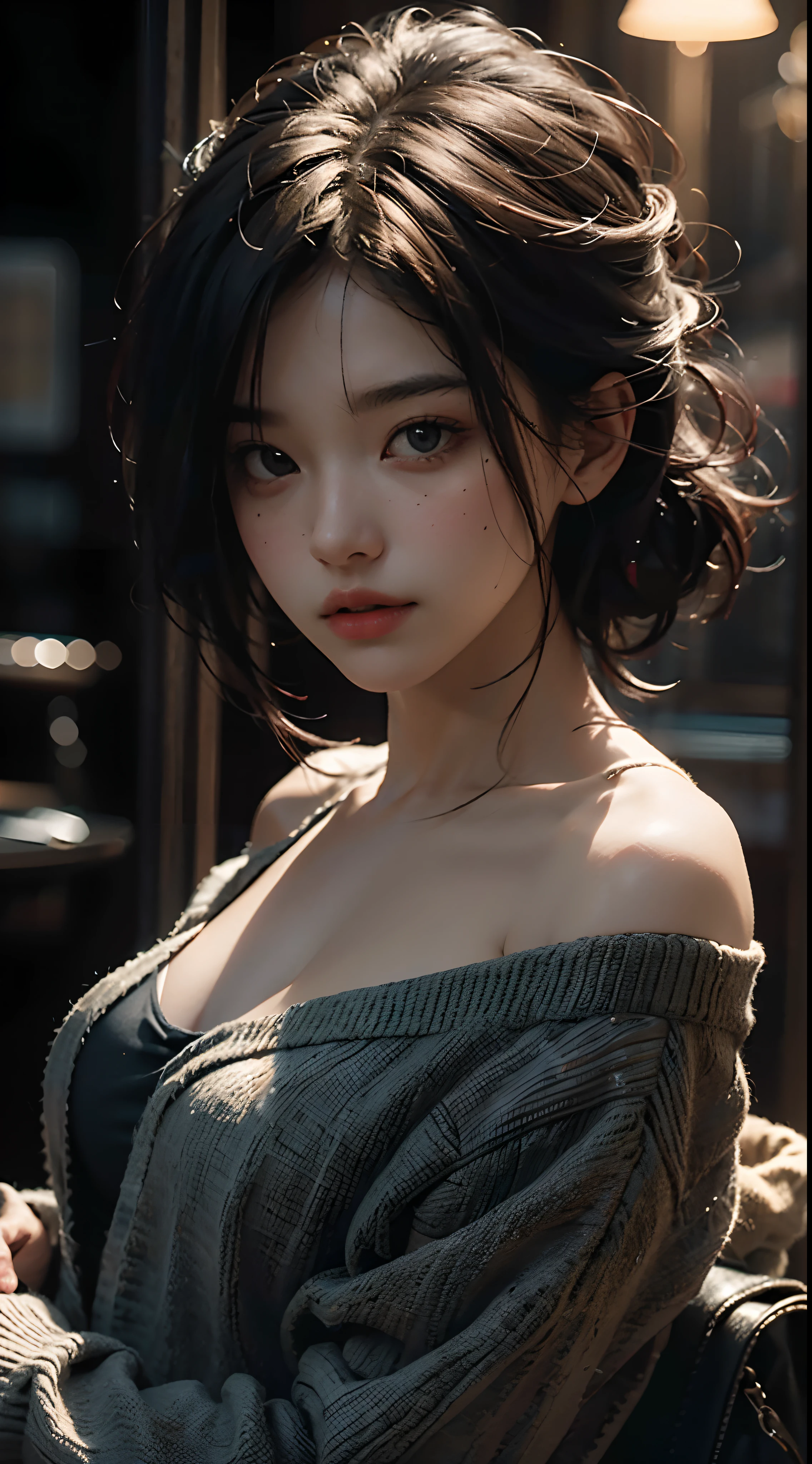Best quality, masterpiece, ultra high res, (photorealistic:1.4), raw photo, 1girl, off shoulder, cinematic lighting