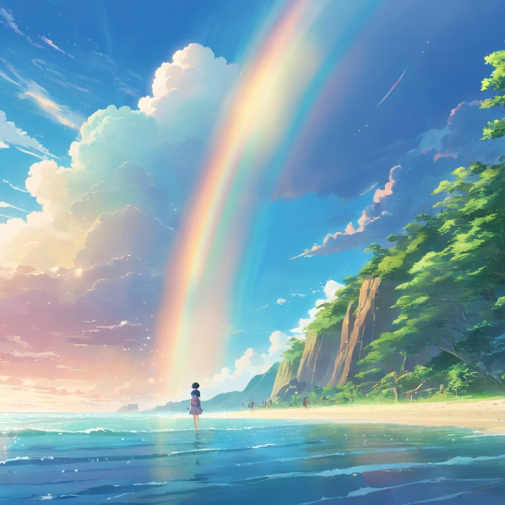 landscape,rainbow in the sky,A luxurious horizon,Sparkling seawater,Lush greenery,exotic plants,Fantasy world,Enchanting atmosphere,shining sun,Soft clouds,dreamlike landscapes,magical aura,serenity and calm,Untapped beauty,A harmonious blend of tones,Endless wonders,Best quality,4K,8K,A high resolution,Masterpiece:1.2,Vibrant colors,