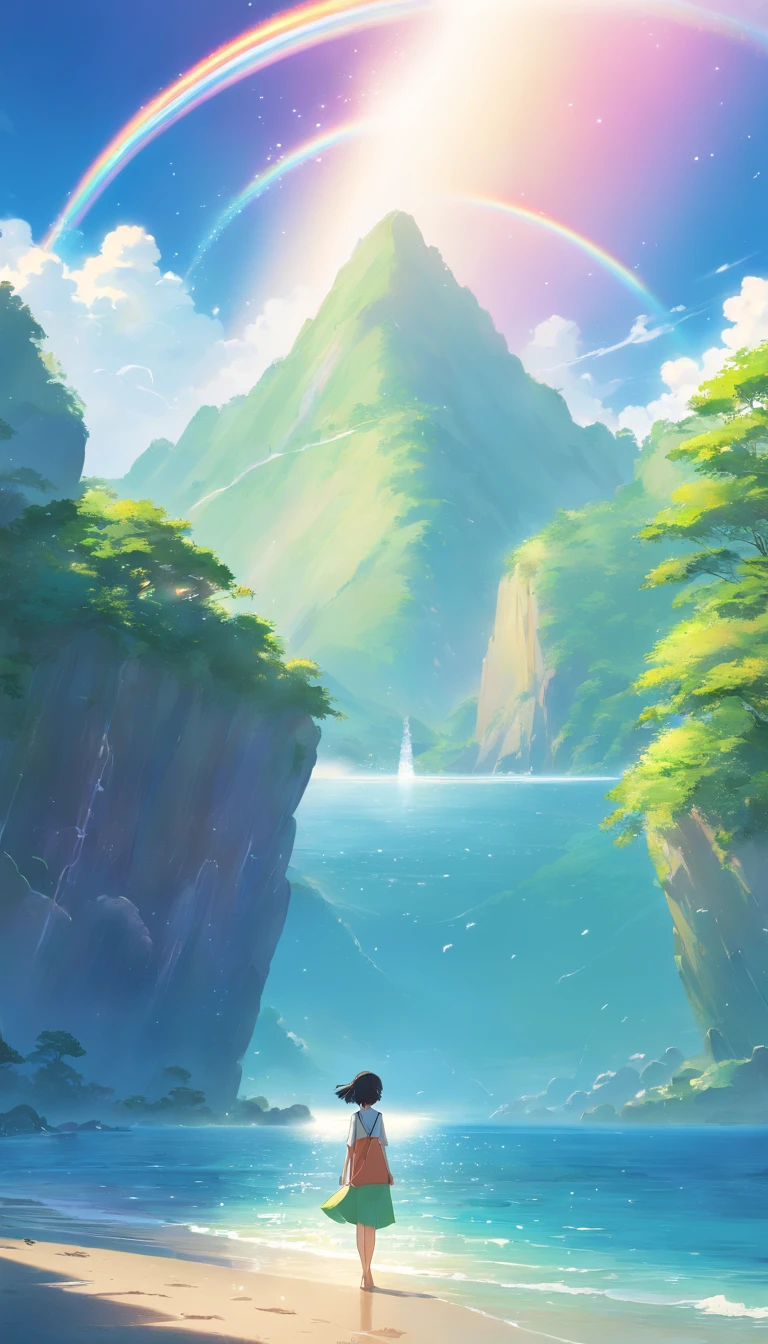 landscape,rainbow in the sky,A luxurious horizon,Sparkling seawater,Lush greenery,exotic plants,Fantasy world,Enchanting atmosphere,shining sun,Soft clouds,dreamlike landscapes,magical aura,serenity and calm,Untapped beauty,A harmonious blend of tones,Endless wonders,Best quality,4K,8K,A high resolution,Masterpiece:1.2,Vibrant colors,
