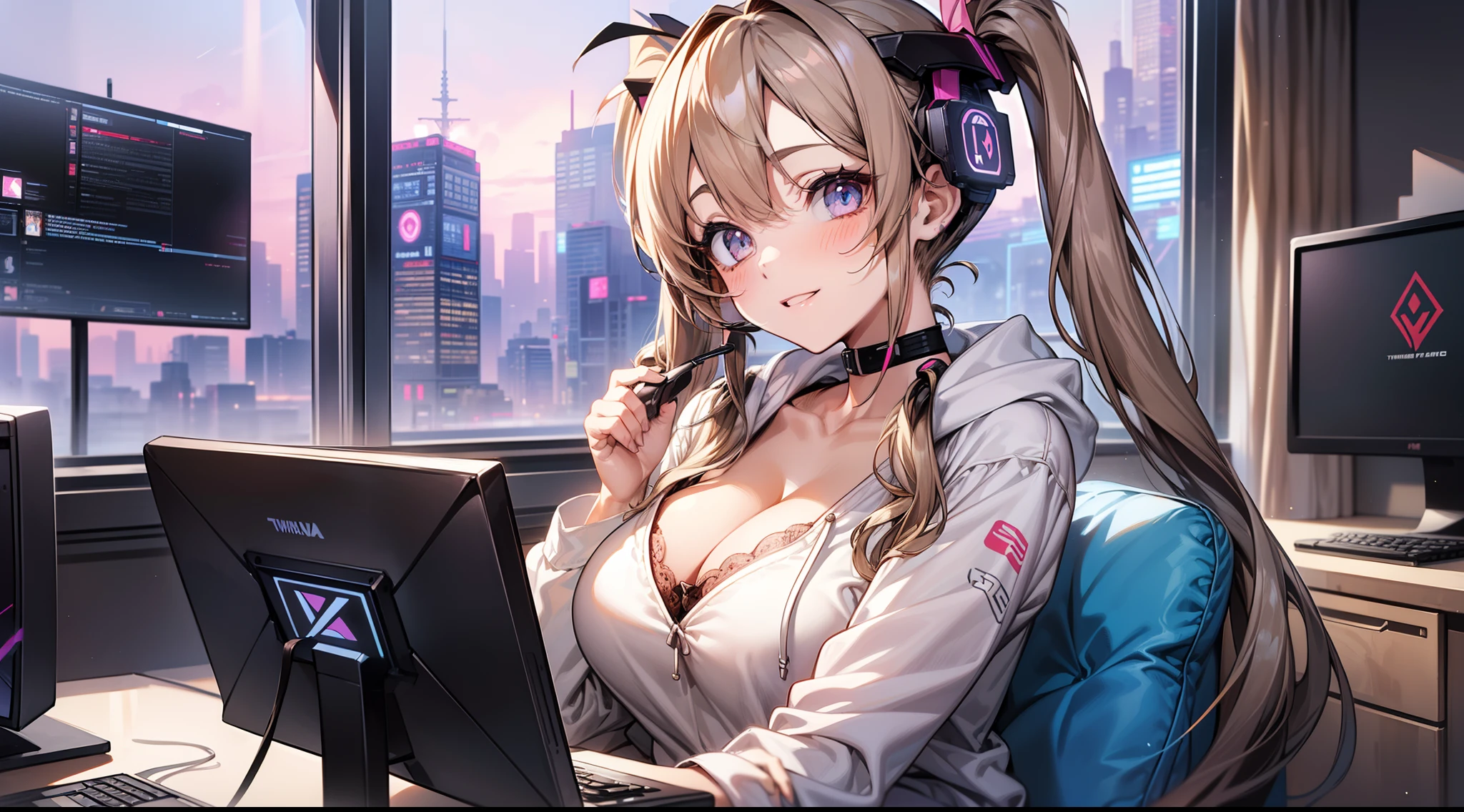 masterpiece, best quality, ultra-detailed, illustration, detailed light, extremely delicate and beautiful, 
1 girl, solo, beautiful cute girl, beautiful eyes, beautiful thighs,
light brown hair, (long hair:1.5, twintail:1.7), bangs, hair between eye, 
(two hands:1.5), sexy lips, large breasts:0.8, teats, cleavage, arm up, thighs, smile, holding game controller,
(head phone, hoodie, white underwear), 
((beautiful scenery), mid night, pink lighting, cyberpunk room, (many computers, scene), data stream, window, (sit in a gaming chair)),