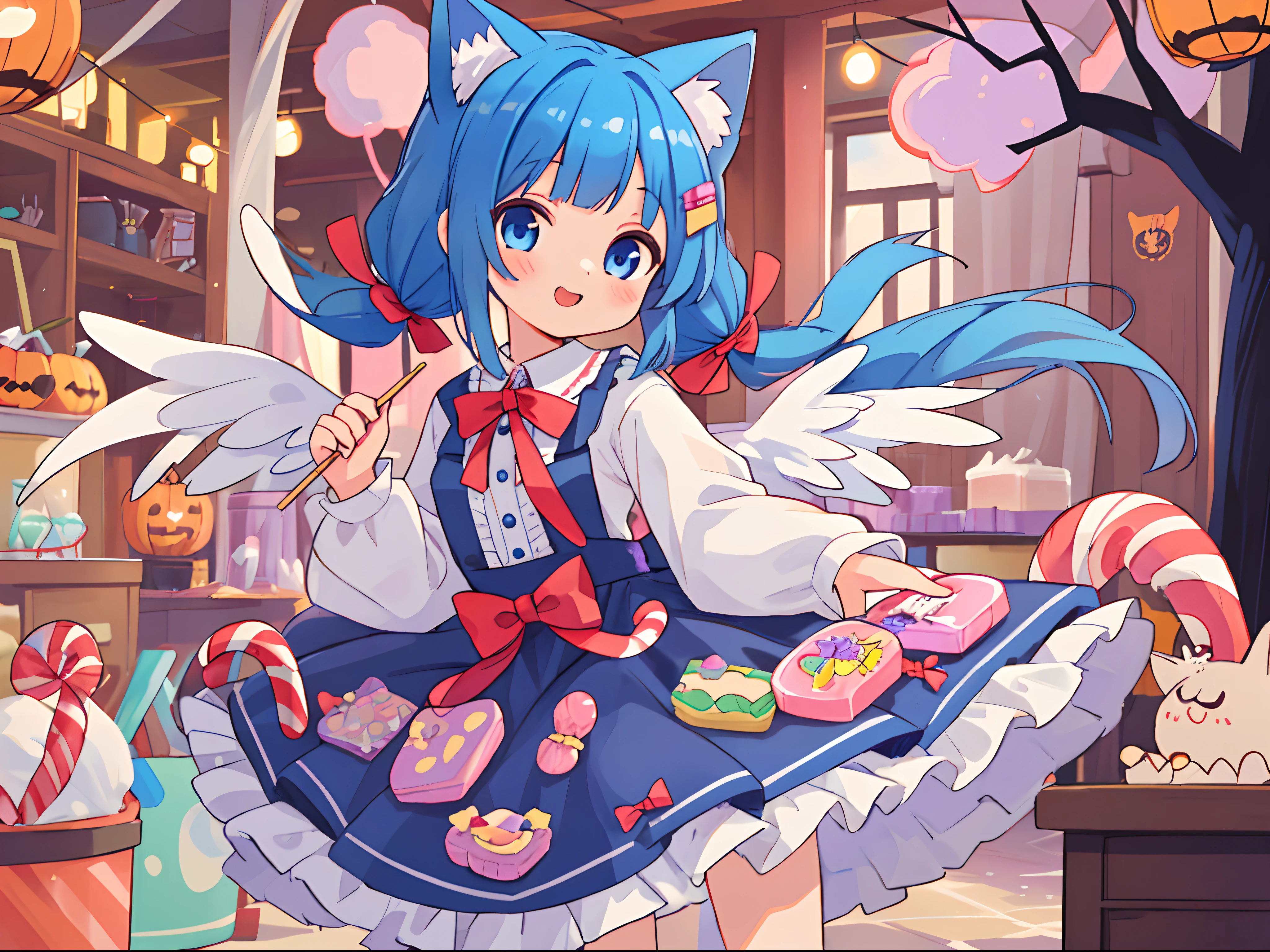 {UHD, vibrant colors, official art, girl, masterpiece, sharp focus, best quality, playful patterns}
{blue hair, twin tails, long hair, cat ears, fluffy hair in ears}
{ultra-detailed eyes, blue eyes, cheerful expression:1.5, rosy cheeks, bright curious eyes}
{adorable confectionery-themed costume that reflects the sweet and playful atmosphere of the factory, ta fashion, cute confectionery outfit resembling a mix of candy wrappers}
{White wings:1.5}
BREAK
{candy factory in preparation for Halloween, oversized candy canes, lollipops, swirling candy floss machines}
{nice hands, perfect hands}