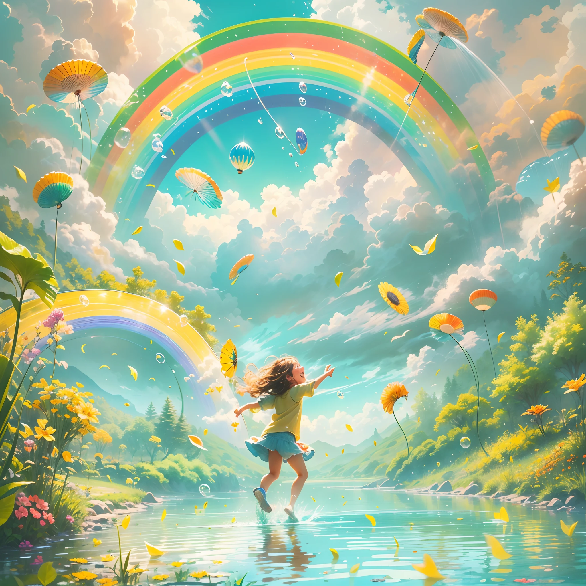 giant rainbow as the centerpiece,illustration,detailed clouds,vibrant colors,soft sunlight,crystal clear reflection,water droplets sparkling,happy children playing,joyful expressions,splashing water,saturated hues,painterly technique,whimsical atmosphere,magical vibe,playful brushstrokes,euphoric scene,glimmering rainbow arch,cotton candy clouds,bright blue sky,carefree laughter,summer afternoon,glistening wet grass,spontaneous movement,delightful surprises,happiness overflowing,blissful energy,floating bubbles,breath-taking view,rays of sunshine,memorable moments of joy,harmonious composition,dazzling visual impact,iridescent shades,optimistic and uplifting vibe,pure and innocent emotions,immerse in the beauty,appreciate the wonders of nature. (best quality,4k,8k,highres,masterpiece:1.2),ultra-detailed,realistic:1.37),HDR,stunning colors,magical lighting.