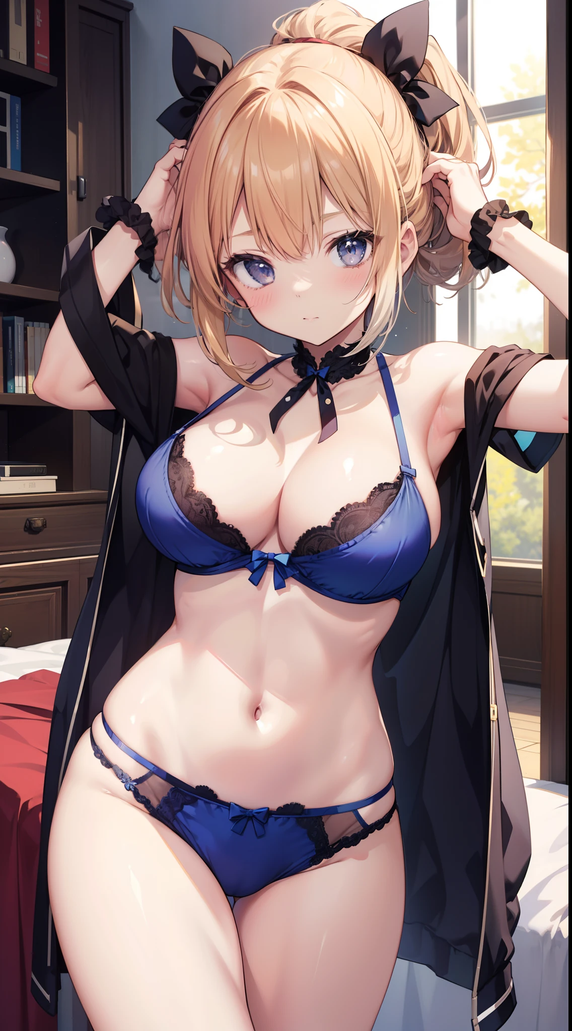 masutepiece、hight resolution、1girl in、in one's underwear only、Blue lingerie、large full breasts、bending forward、Poses that emphasize breasts、Cute anime illustration、