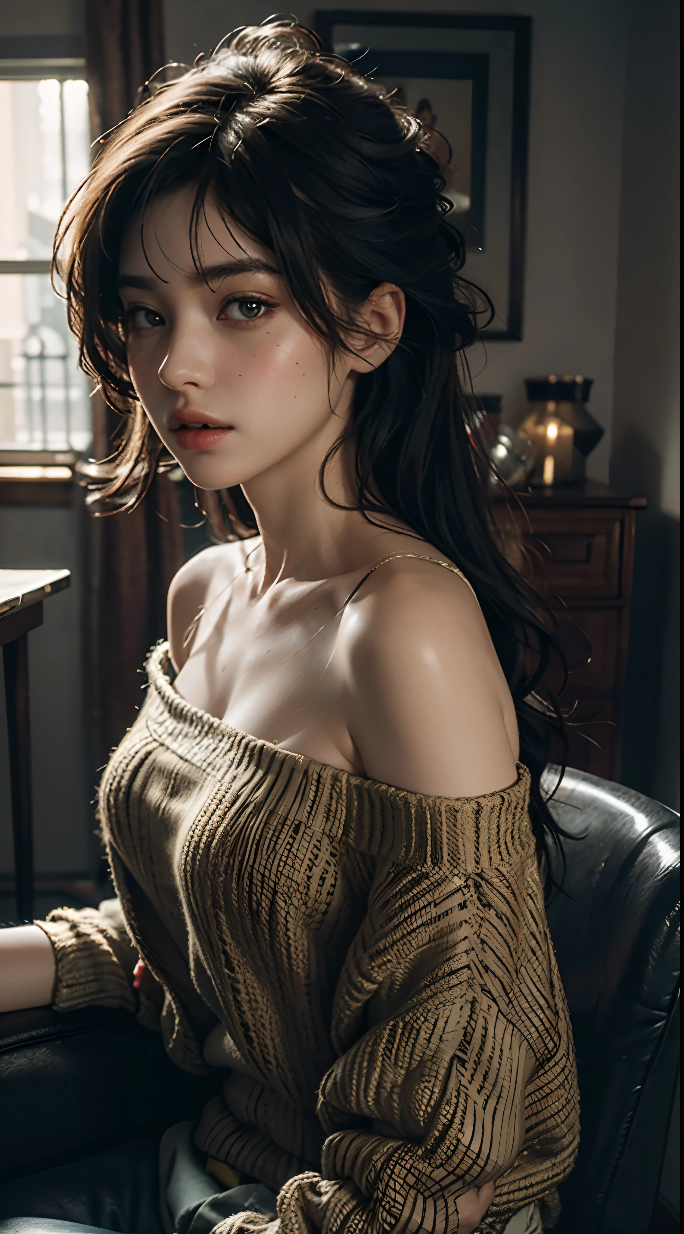Best quality, masterpiece, ultra high res, (photorealistic:1.4), raw photo, 1girl, off shoulder, cinematic lighting