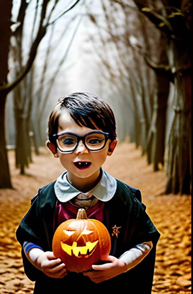 "An illustration of a joyful 3-year-old boy wearing glasses, with a well-defined and sharp face, dressed up as a little vampire in 18th-century attire. He should have pale skin, yellow vampire eyes, and be holding a pumpkin-head lantern while celebrating Halloween at night. The background should be blurred, featuring elements like skulls, bats, and everything that reminds you of a Halloween party. Inspired by the style of artist Edward Gorey."