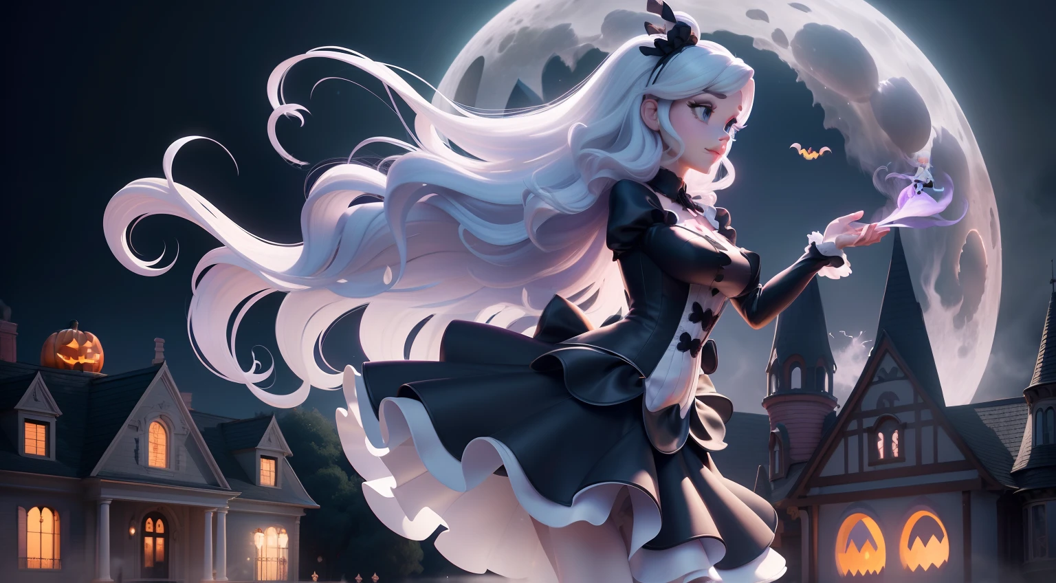 White style of a Disney Pixar cartoon, lavender wavy hair, grey eyes, black silk dress dancing infront of a historic haunted mansion , digital illustration, high resolution, pumpkins , halloween pumkins,white ghosts flying around , ominous vibes,smoke, prism and glitter, full moon,magical