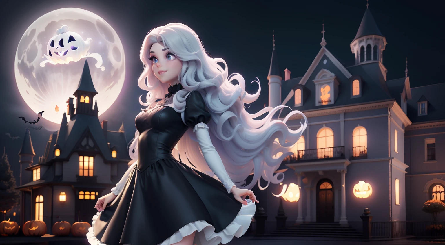 White style of a Disney Pixar cartoon, lavender wavy hair, grey eyes, black silk dress dancing infront of a historic haunted mansion , digital illustration, high resolution, pumpkins , halloween pumkins,white ghosts flying around , ominous vibes,smoke, prism and glitter, full moon,magical