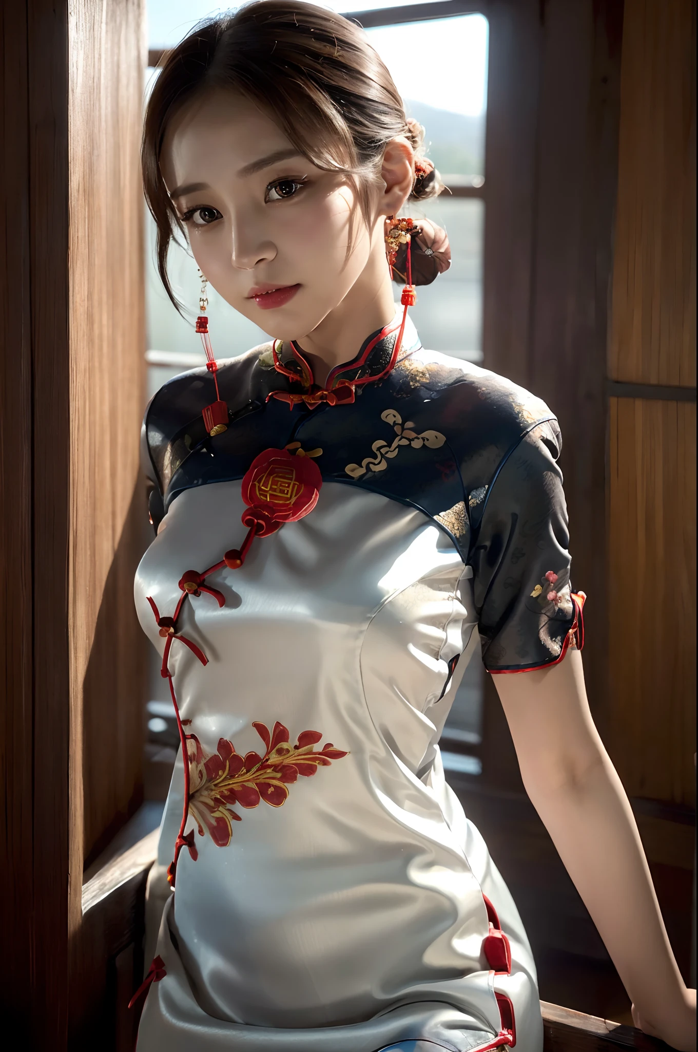 (8K, RAW photo, Best quality, masutepiece:1.2), (Realistic, Photorealsitic:1.37),1girl in, Professional lighting, photon maping, Radio City, RAW photo、(Photorealsitic:1.4)、rendering by octane、Complex 3D Rendering Ultra Detail, Studio soft light, rim lights, vibrant detail, super detailing, realistic skin textures, Detal Face, Beautiful detail eyes, Very detailed CG Unity 16k wallpaper, Make up - up, (detailedbackground:1.2),Colossal tits、Best quality, 超A high resolution, masutepiece, 1girl in, 20yr old, Black hair, En plein air, (Photorealistic:1.4) , view the viewer, ((Cheongsam:1.5)), cute  face, Bun, Dramatic lighting, (Natural skin texture, Hyper-realism, Soft light,temples、乃木坂アイドル、韓国アイドル、Japan idle