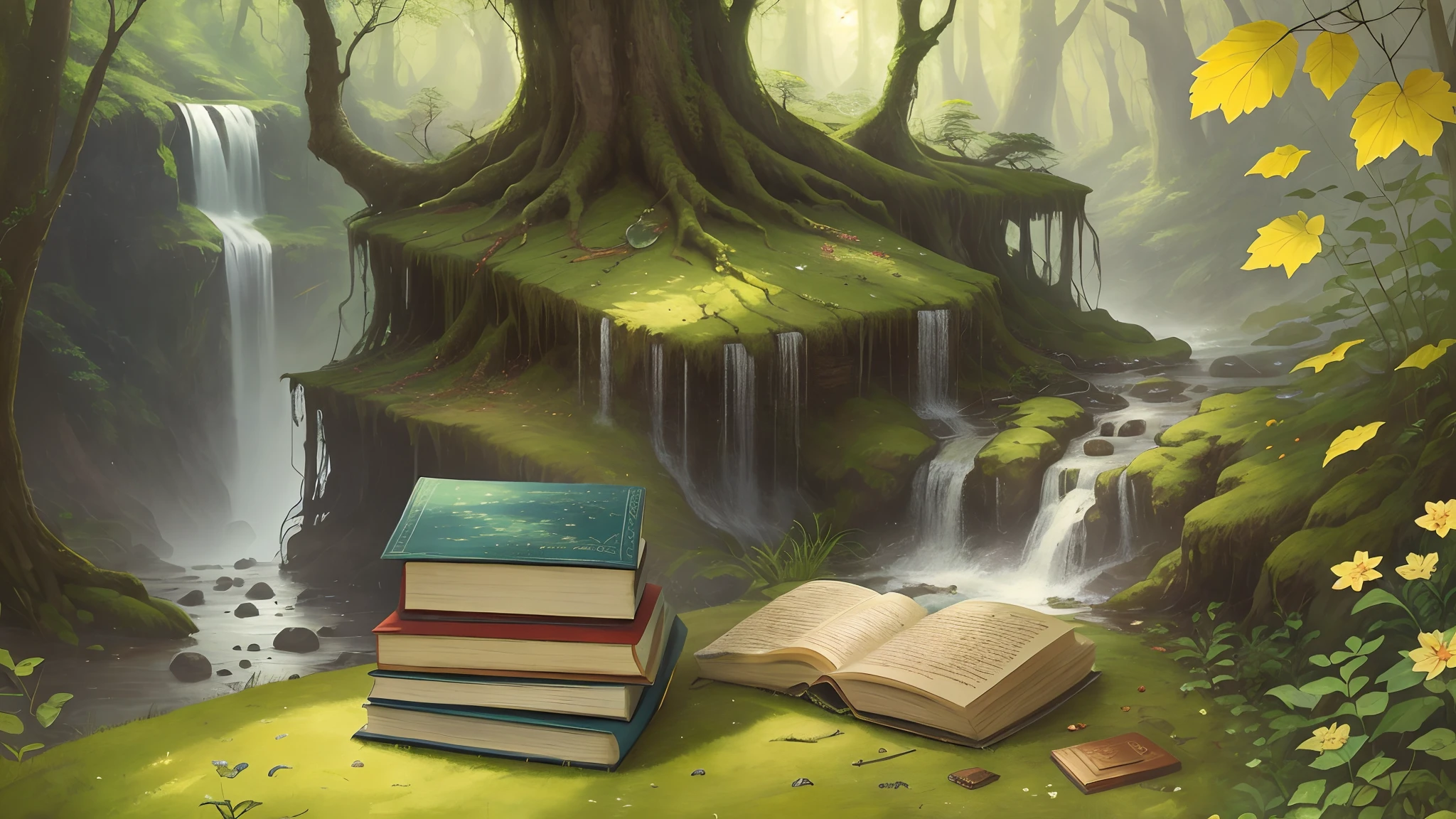 Masterpiece, best quality, one very old book is laying on the grass, forest is growing out of its pages, waterfalls on the background, very sunny
