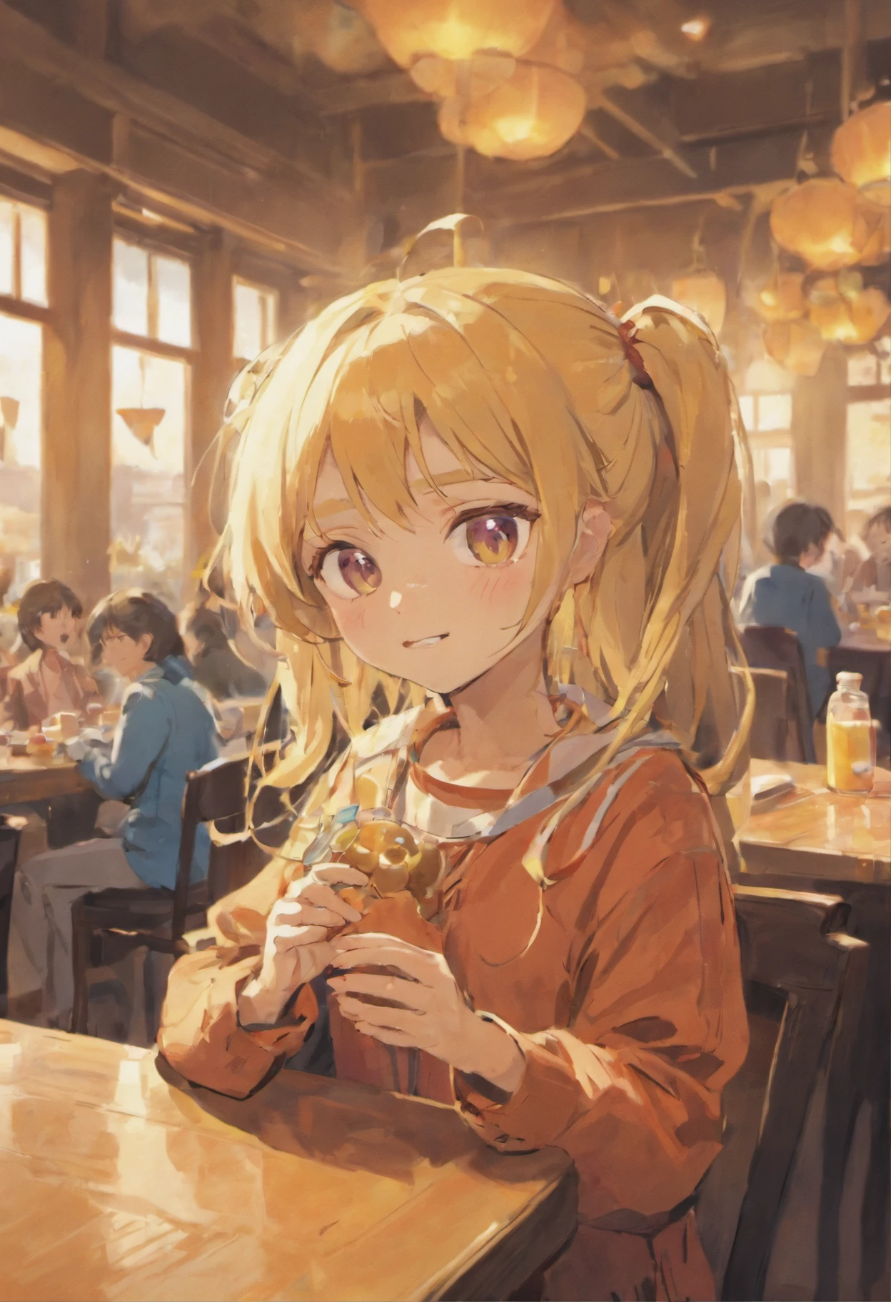 Western-style restaurant, A 5--old l sits at a dining table, ssmile, Juice on the table,Western breakfast on the plate, Sunlight outside the window.