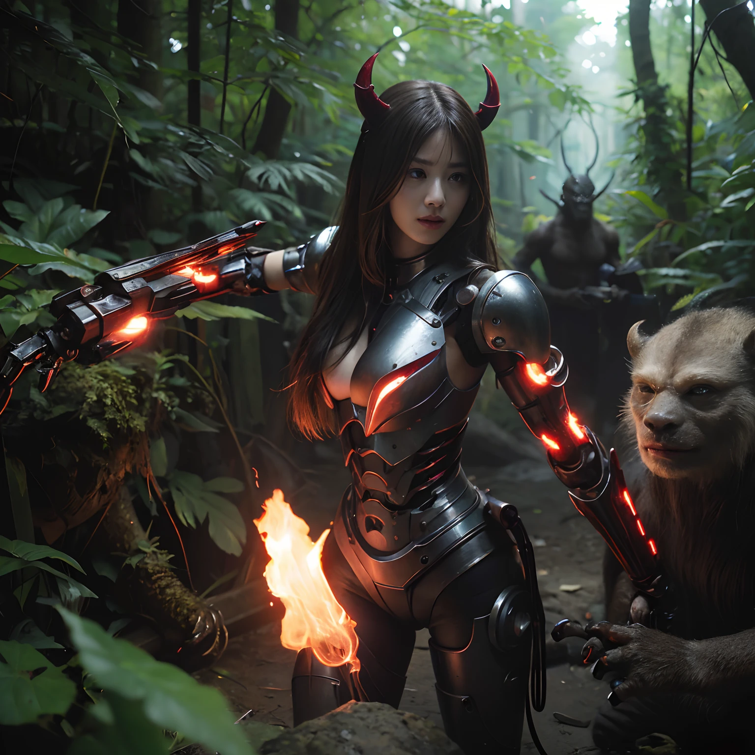 (1 Mechanical Girl)、top-quality、masterpiece、超A high resolution、(Photorealsitic:1.4)、Raw photo、1人、Fight mutants、glowy skin、(((1 Mechanical Girl)))、With a beautiful knife、(Yellow Metal Bodysuit)、(Kobold、ogre、Fierce battle with orcs),(Fight fiercely against aliens)、Fight fiercely、(beautiful forest background)、(Fighting Demonic Beasts)、(Small LED)、((super realistic details))、portlate、(Strong giant demon beast background),globalillumination、Shadow、octan render、8K、ultrasharp、Colossal tits、Raw skin is exposed in cleavage、metals、Details of complex ornaments、Japan details、highly intricate detail、Realistic light、(Mystical expression),CGSoation Trends、Red Eyes、radiant eyes、Facing the camera、neon details、(Mechanical limbs)、(blood vessels connected to tubes)、Mechanical vertebrae attached to the back、mechanical cervical attaching to neck、(Wires and cables connecting to the head)、Gundam、Small LED、,Mechanical thighs、Toostock、(Hands are also made of machines)、(Attack of the Monster Beasts)、(Wounded in a deadly battle)、