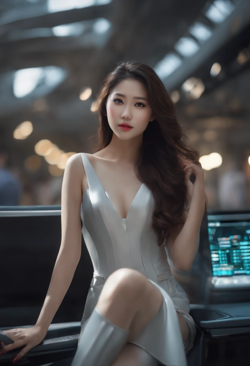 gorgeous 21 year old asian student with extra long wavy hair, detailed alluring eyes, long sexy legs, office suit and micro mini skirt, ((detailed facial features)), (finely detailed skin), pale skin, realistic skin texture, extreme skin details, (pores:0.1), in the background beautiful futuristic cyberpunk city, best quality masterpiece, photorealistic, hyperrealistic, detailed, 8k, HDR, (Soft color: 1.2), shallow depth of field, broad light, high contrast, backlighting, bloom, light sparkles, chromatic aberration, sharp focus, RAW color photo